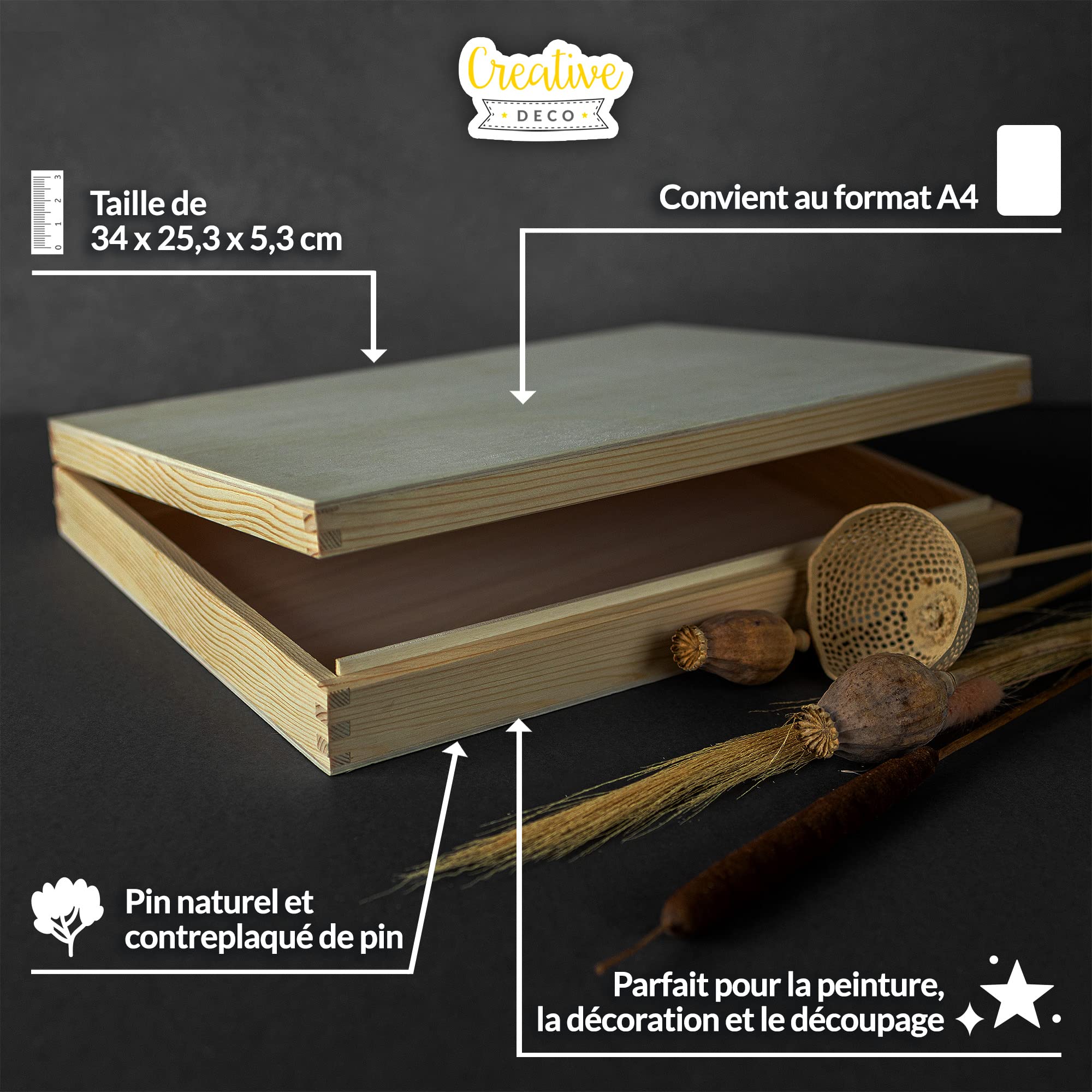 Creative Deco Wood boîte bois beige A4 34x25,3x5,3 cm