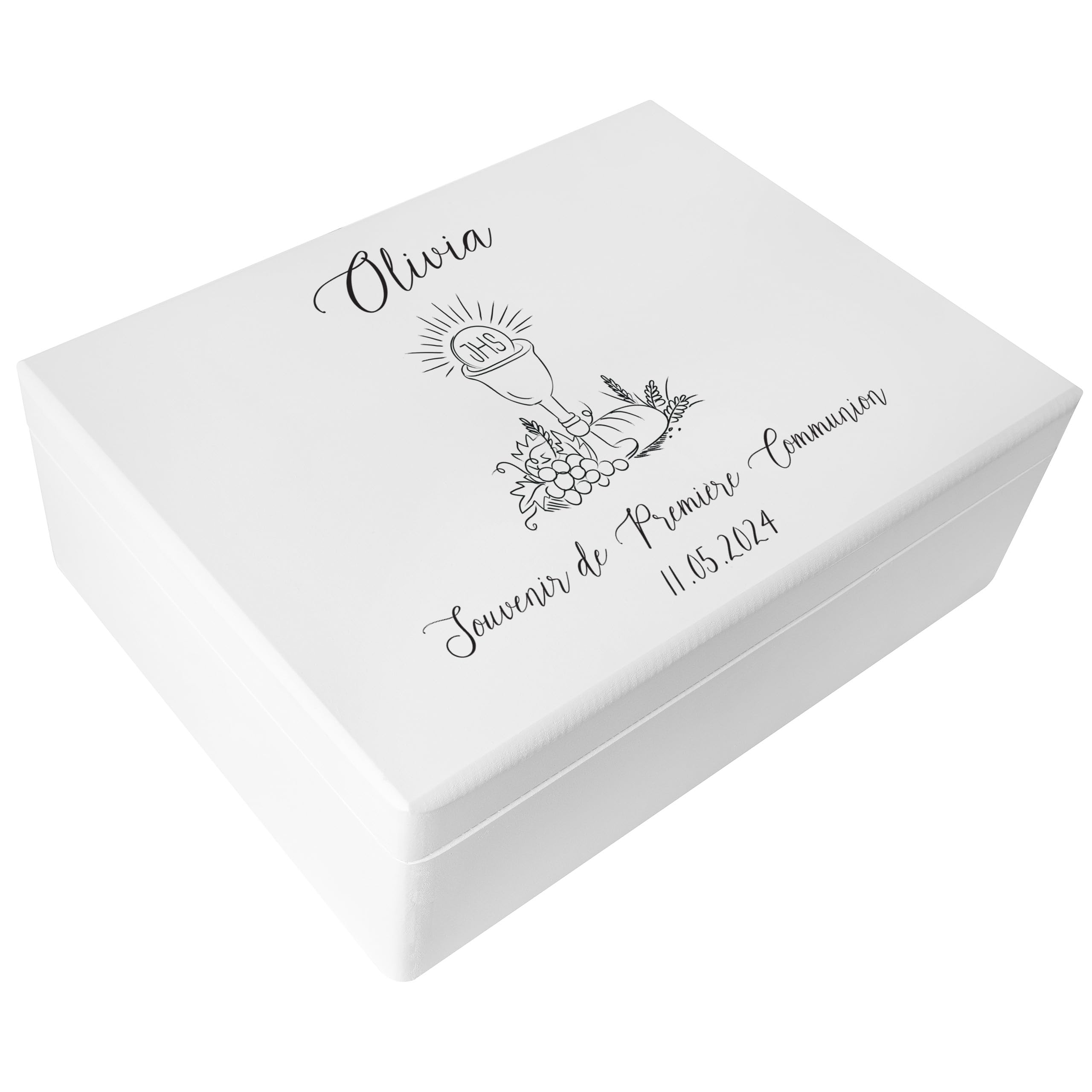 Creative Deco Boîte Bois Communion Calice Blanche 30x20x14