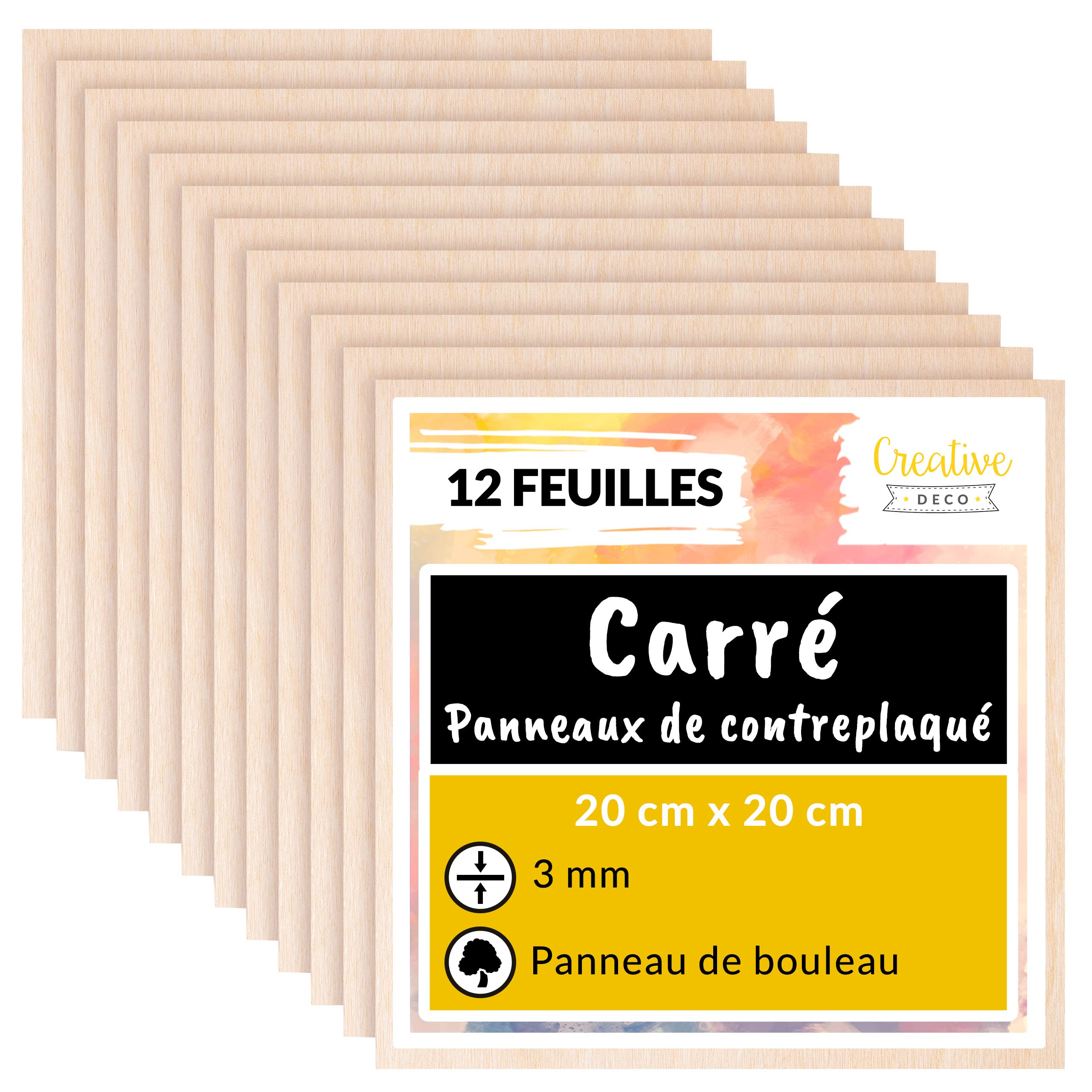 Creative Deco Contreplaqué 3mm 20x20 cm lot 12 gravure