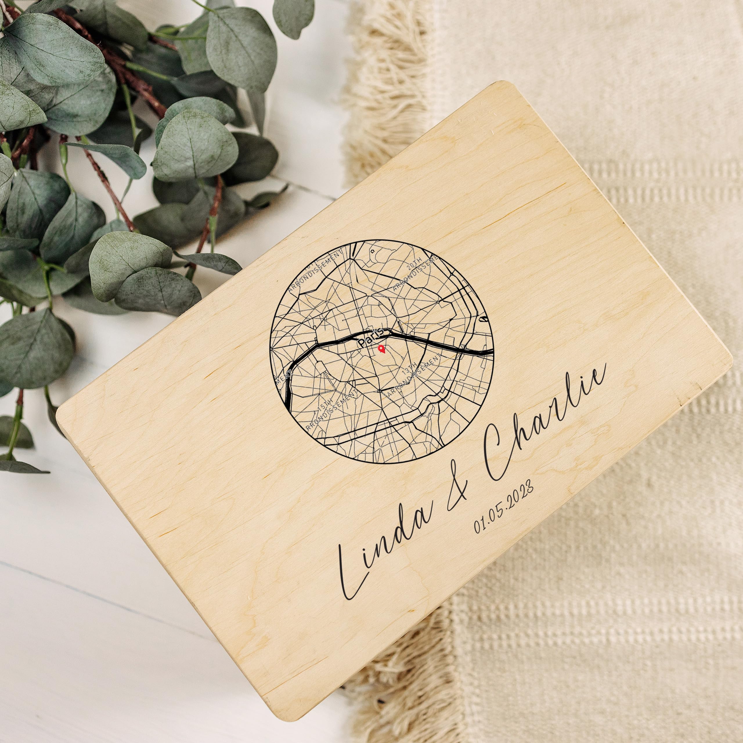 Creative Deco Carte Coordonnées boîte bois cercle 30x20 cm
