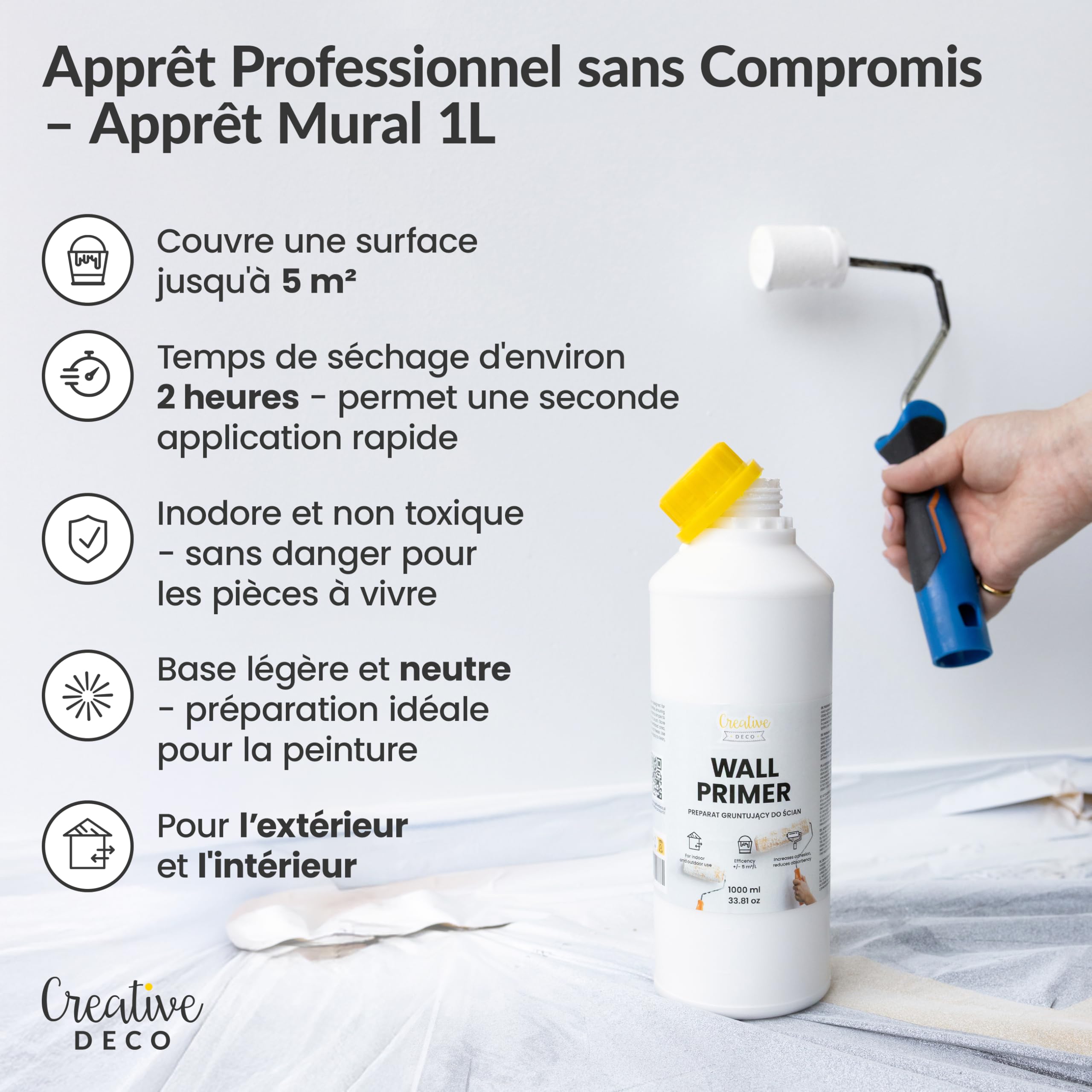Creative Deco Apprêt Mural Blanc 1L Murs Plafonds