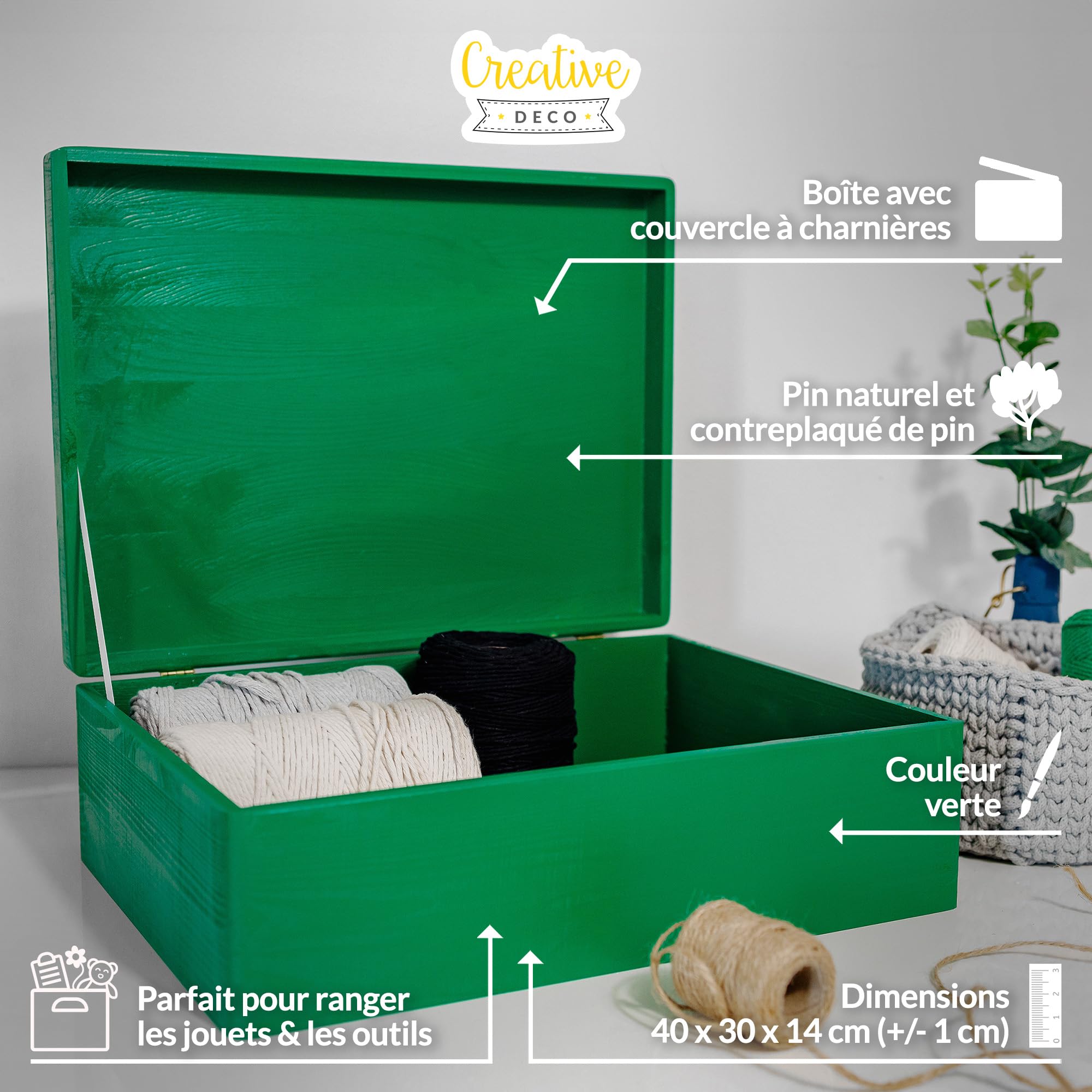 Creative Deco Wood boîte bois vert 40x30x14cm à décorer