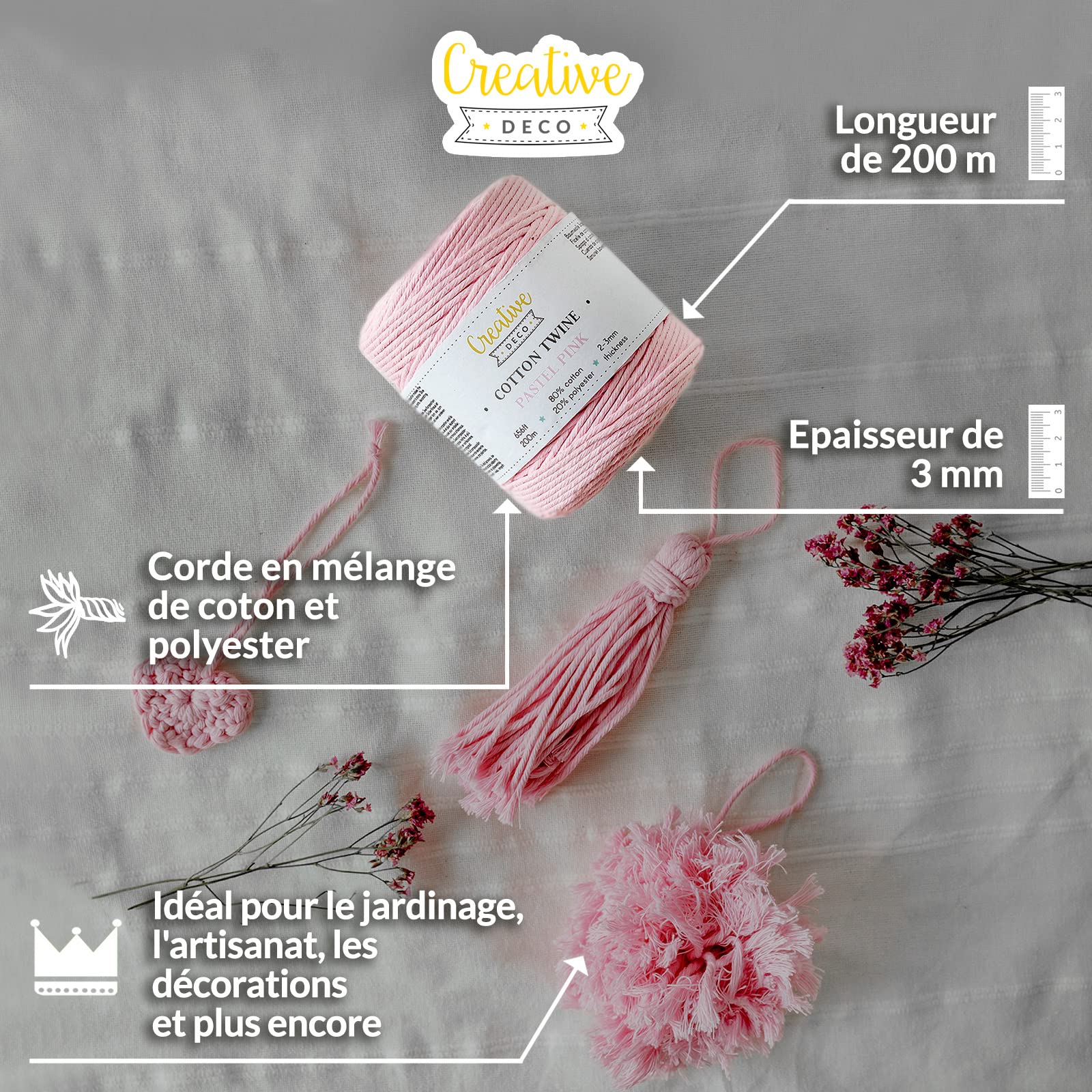 Creative Deco Strings Corde macramé rose pastel 3mm 200m