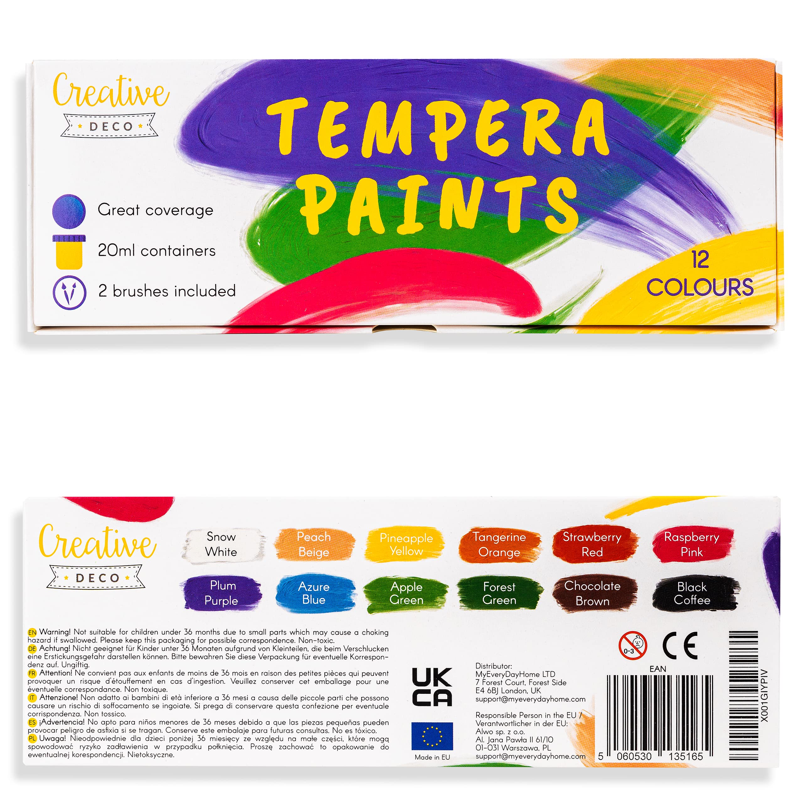 Creative Deco Tempera peinture enfant lavable 12x20ml base eau