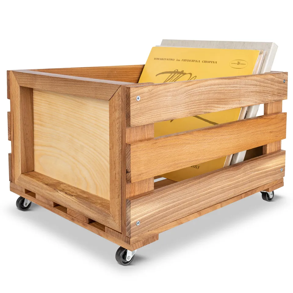 Creative Deco Caisse Bois Vinyles hêtre 46x36x29 cm 80 disques
