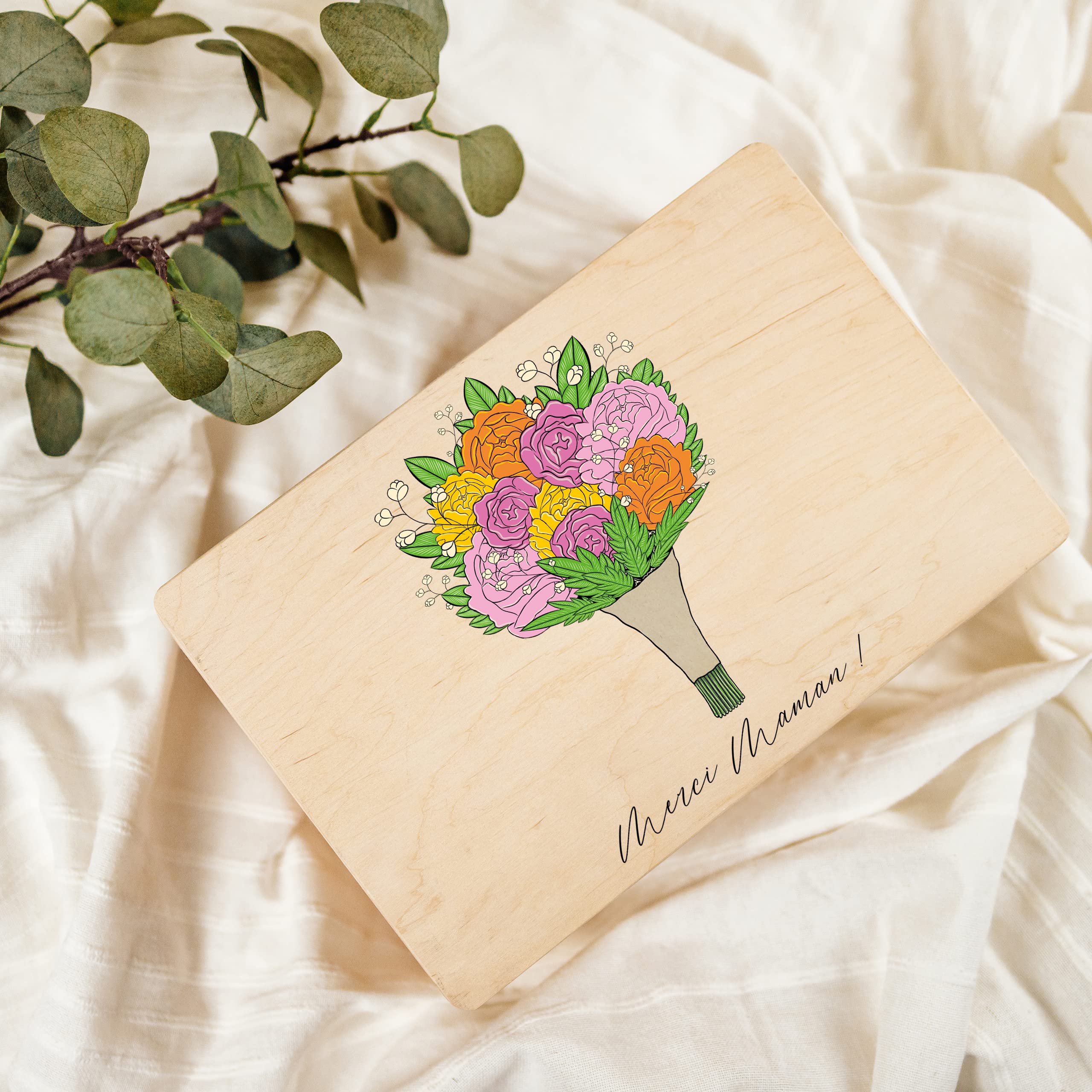 Creative Deco Boîte bois personnalisée Bouquet 30x20x14 cm
