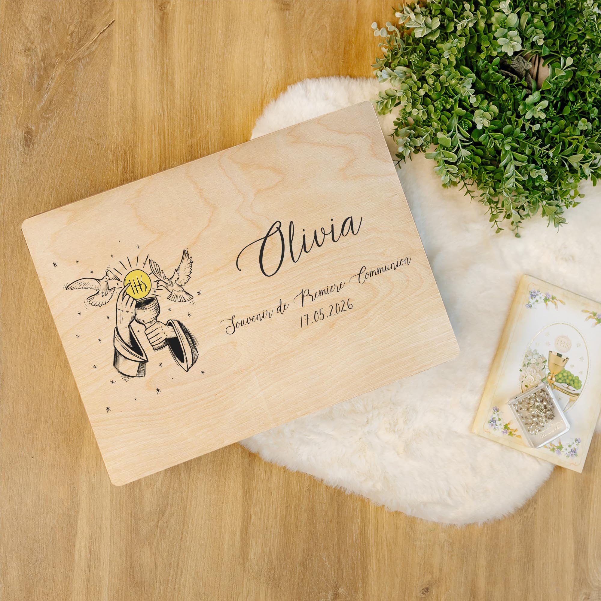Creative Deco Boîte souvenirs communion Calice et Colombe 40x30x14 cm