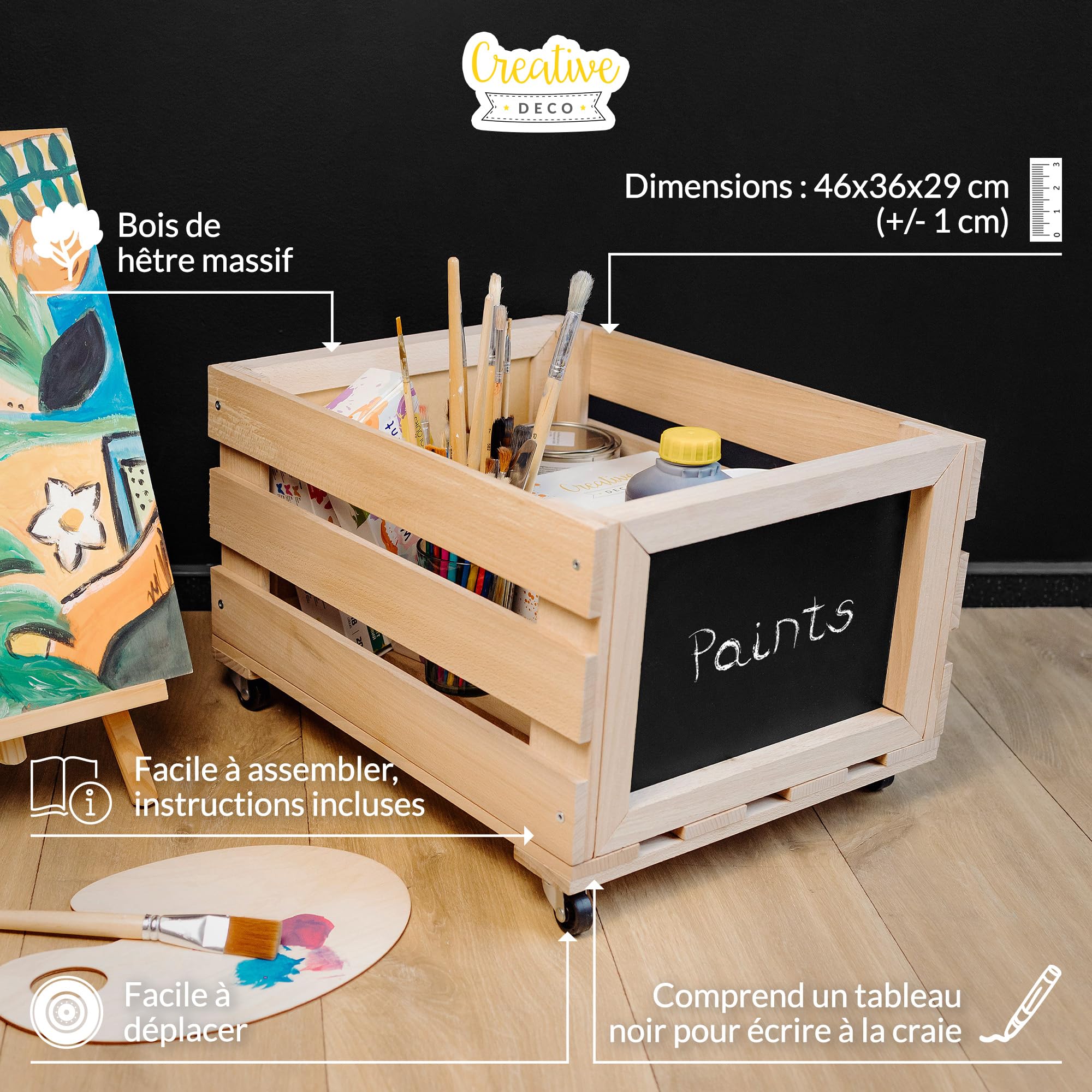 Creative Deco Caisse Bois Vinyles 46x36x29 cm hêtre roulettes
