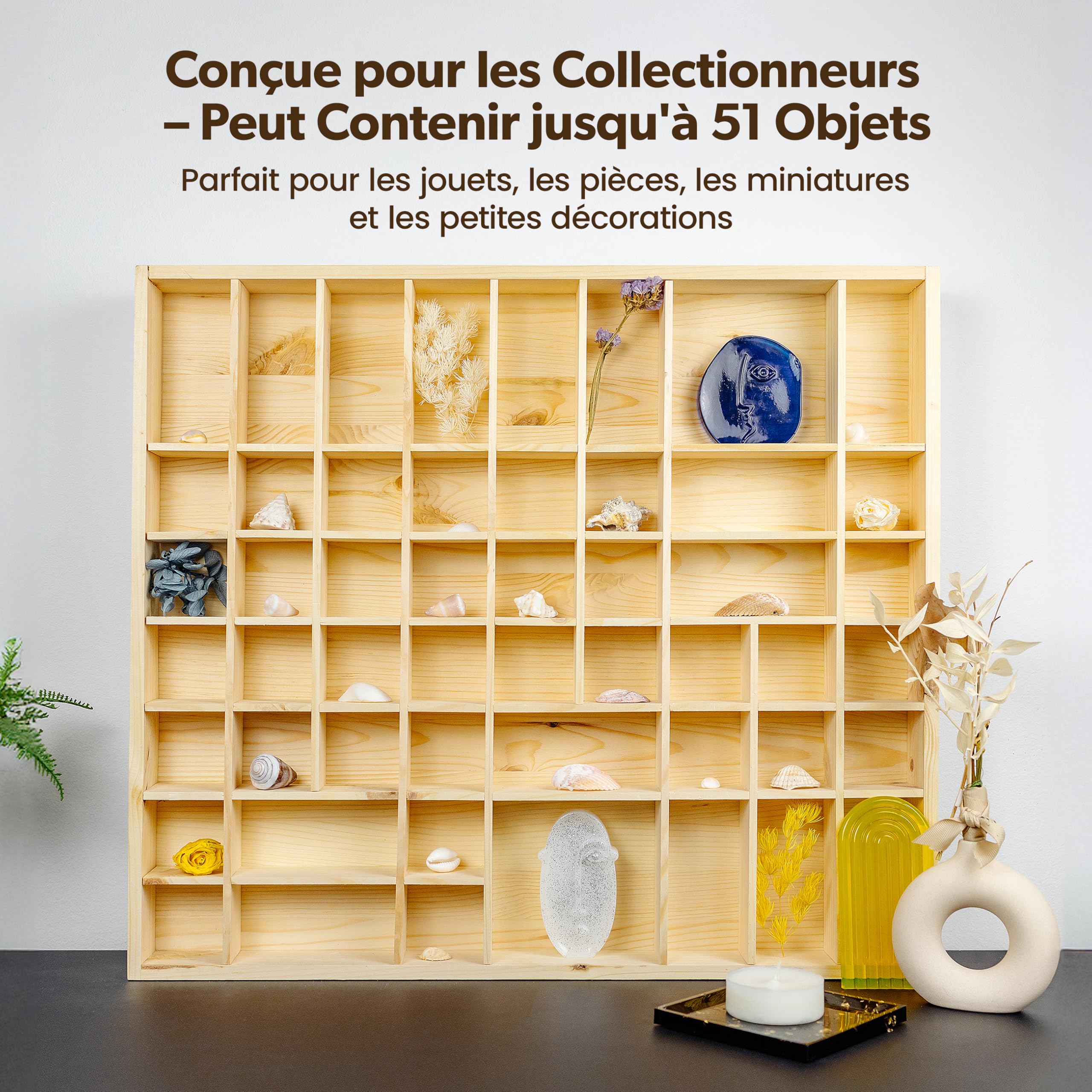 Creative Deco Vitrine murale bois 52 cm 51 cases beige