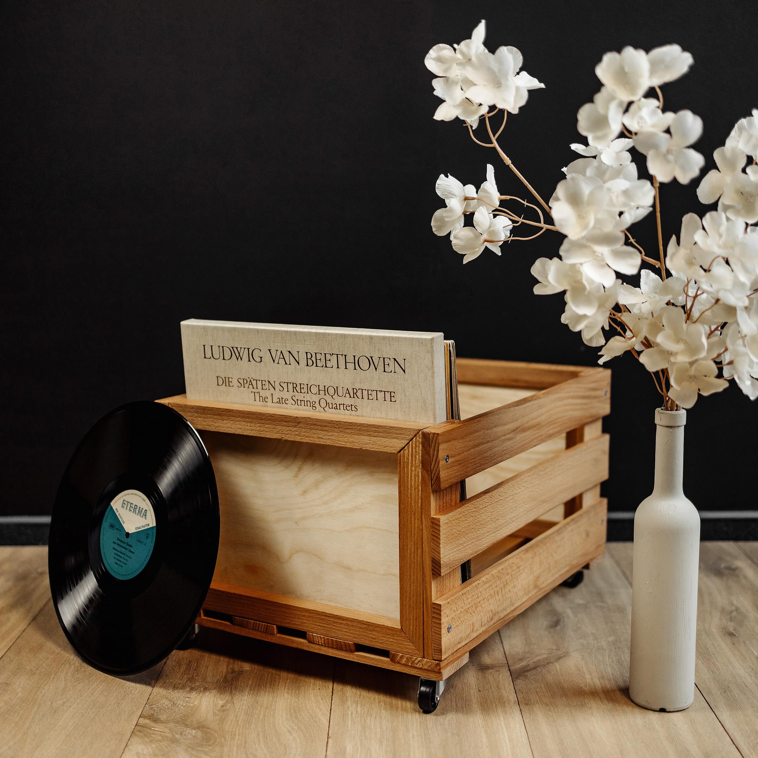 Creative Deco Caisse Bois Vinyles hêtre 46x36x29 cm 80 disques