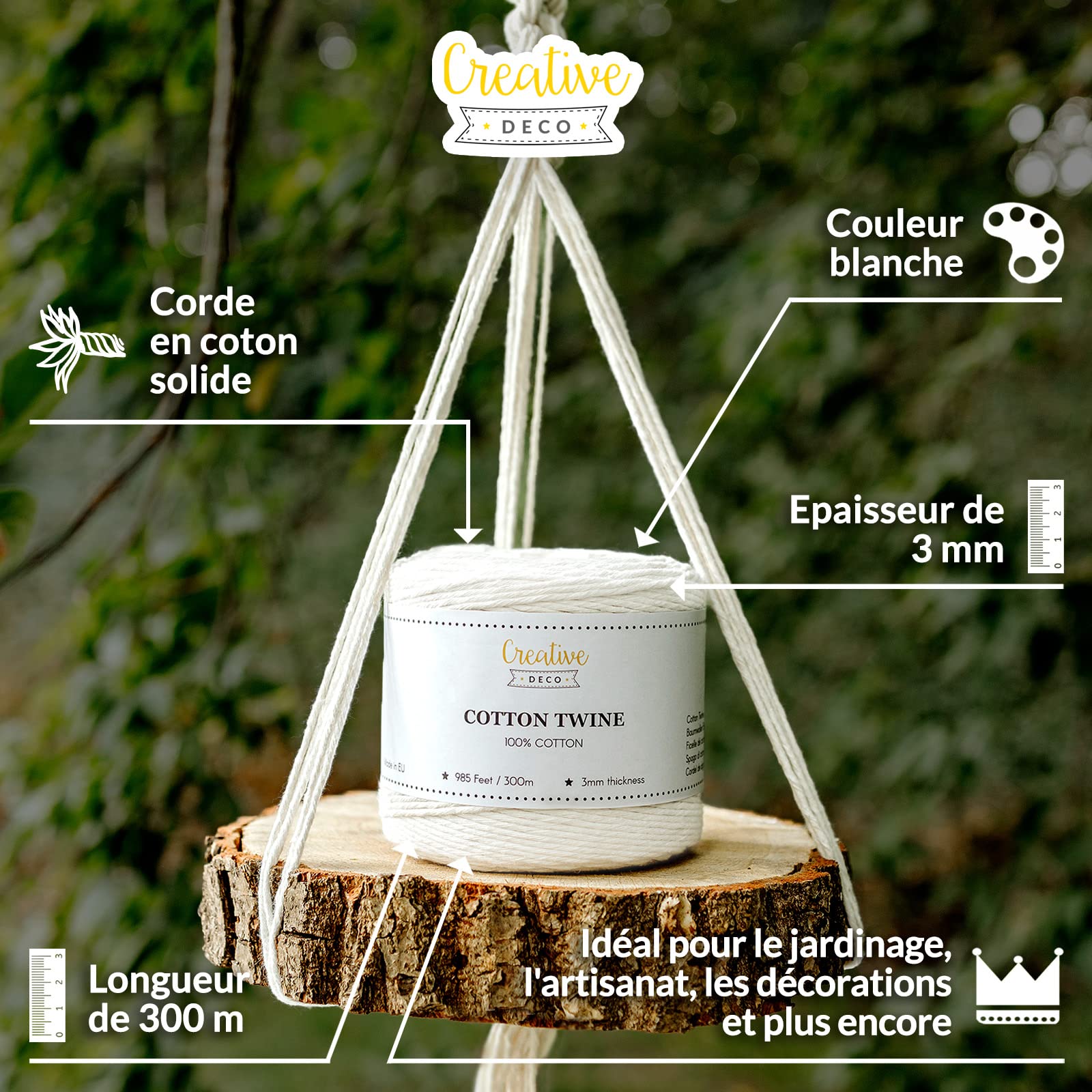 Creative Deco Corde coton blanc 3 mm bobine 300 m