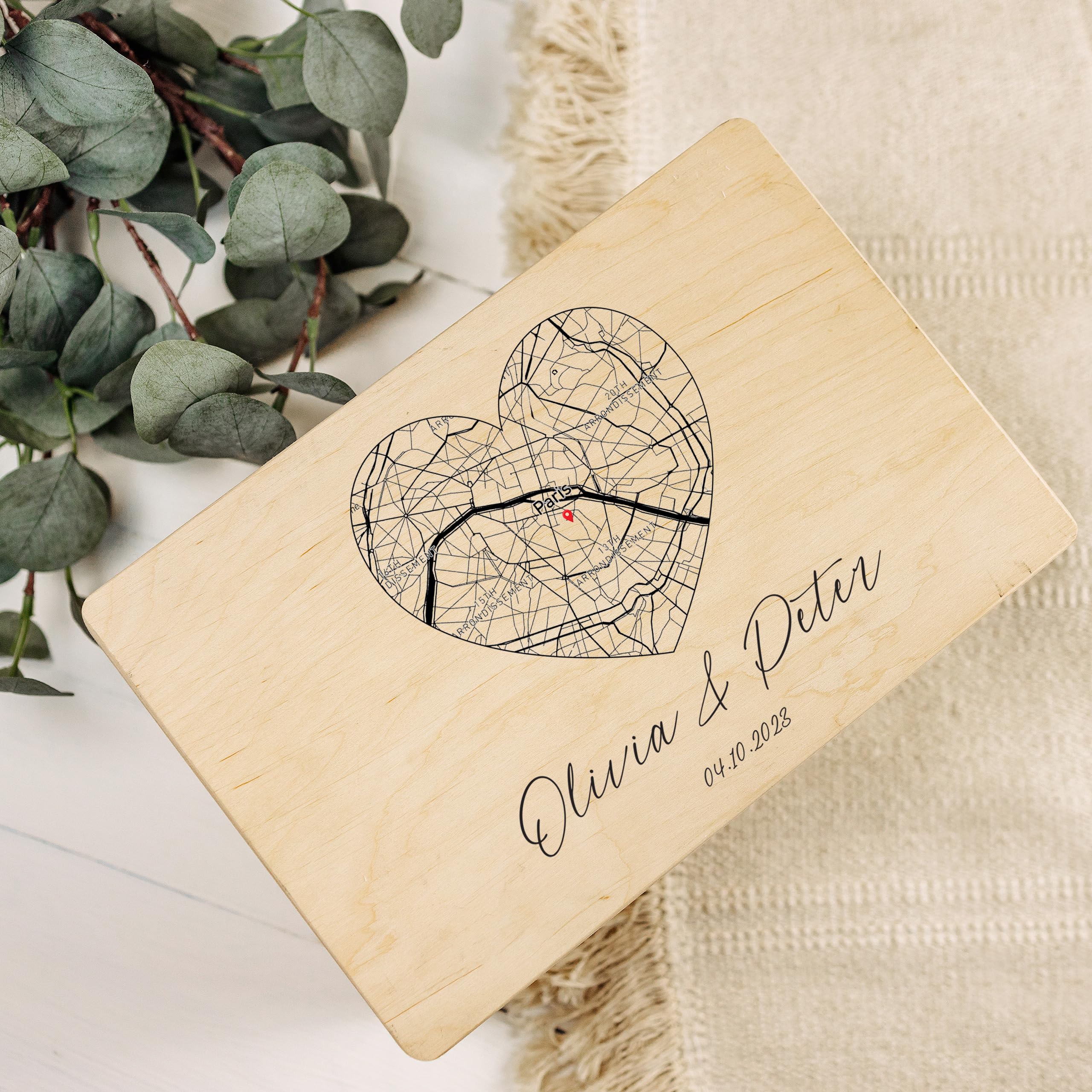Creative Deco Boîte bois personnalisée Cœur 30x20 cm carte coordonnées