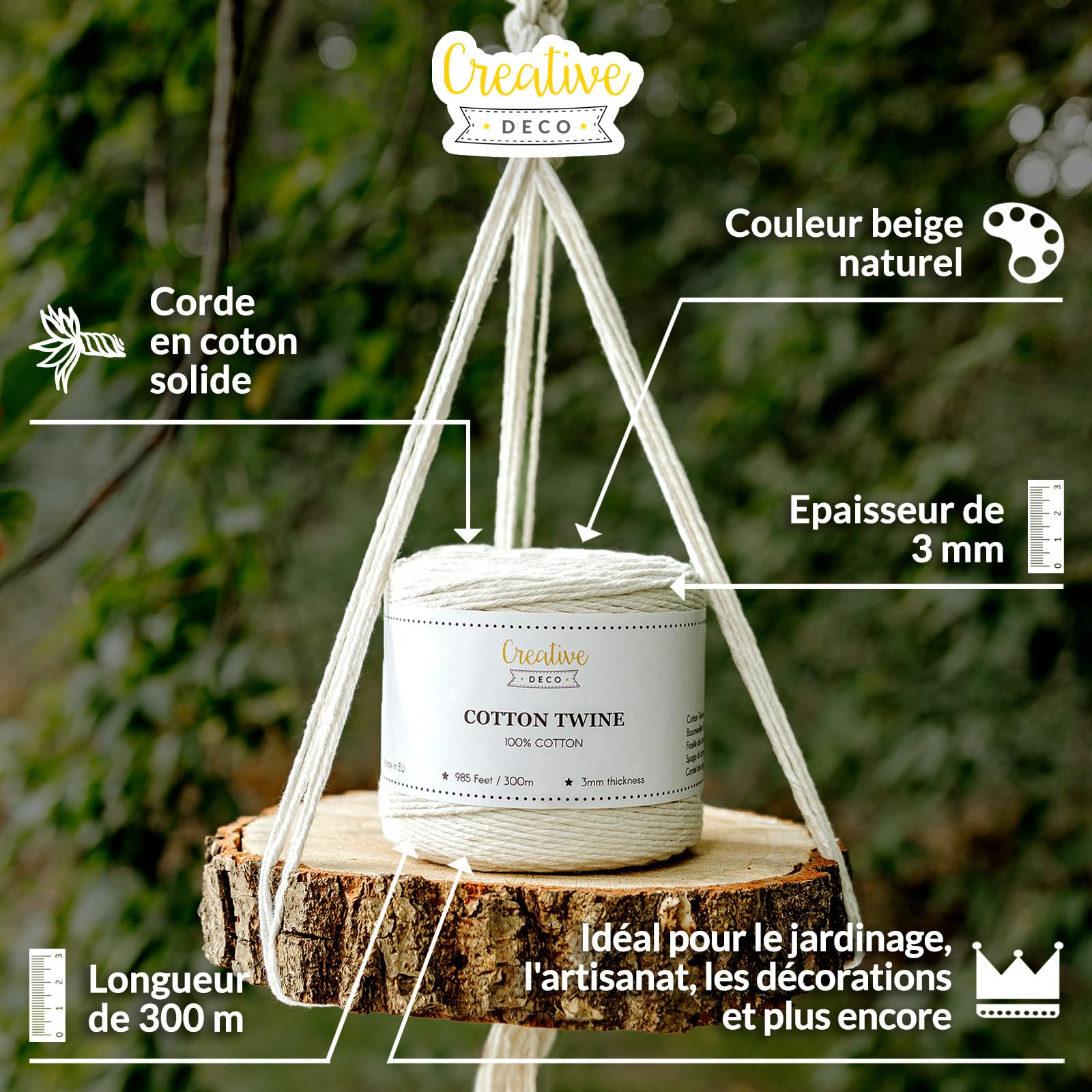 Creative Deco Corde macramé coton beige 3 mm x 300 m ficelle