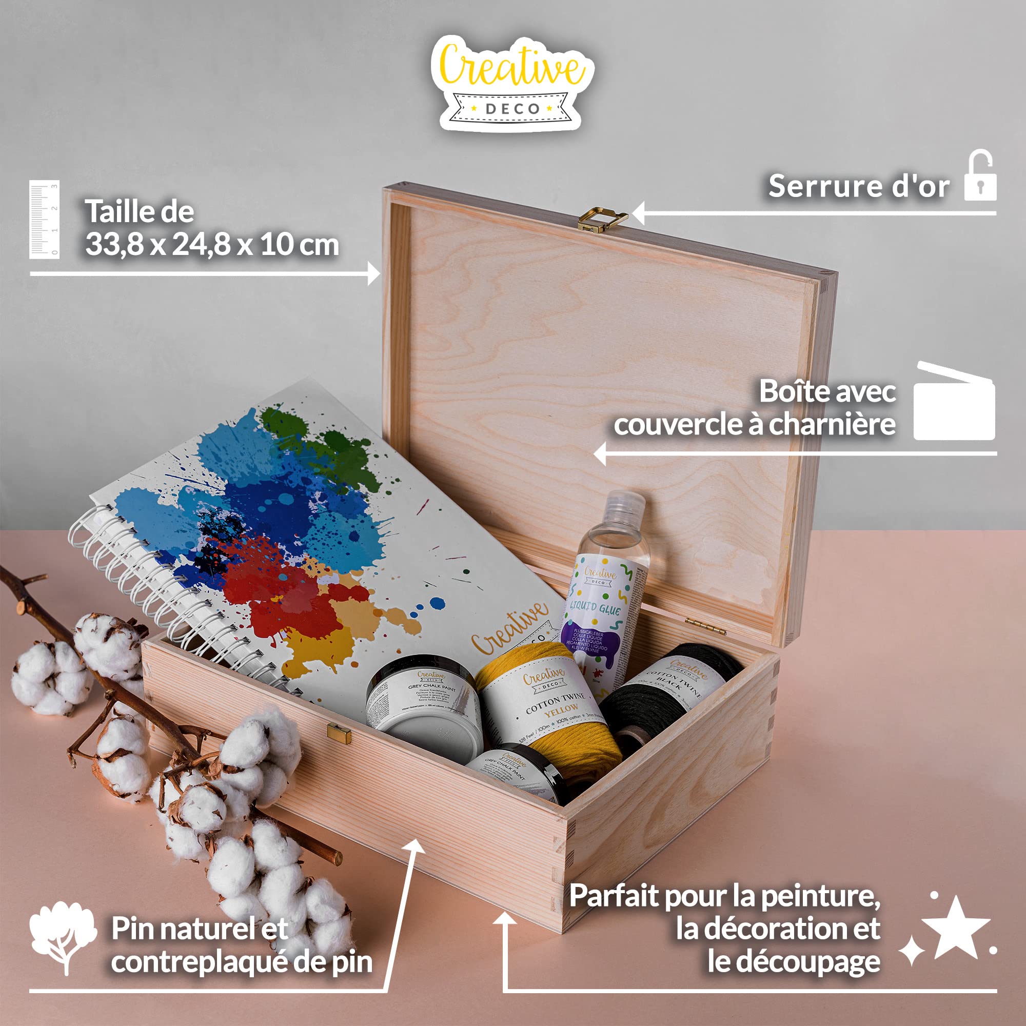 Creative Deco Boîte bois brut A4 33,8 cm avec serrure