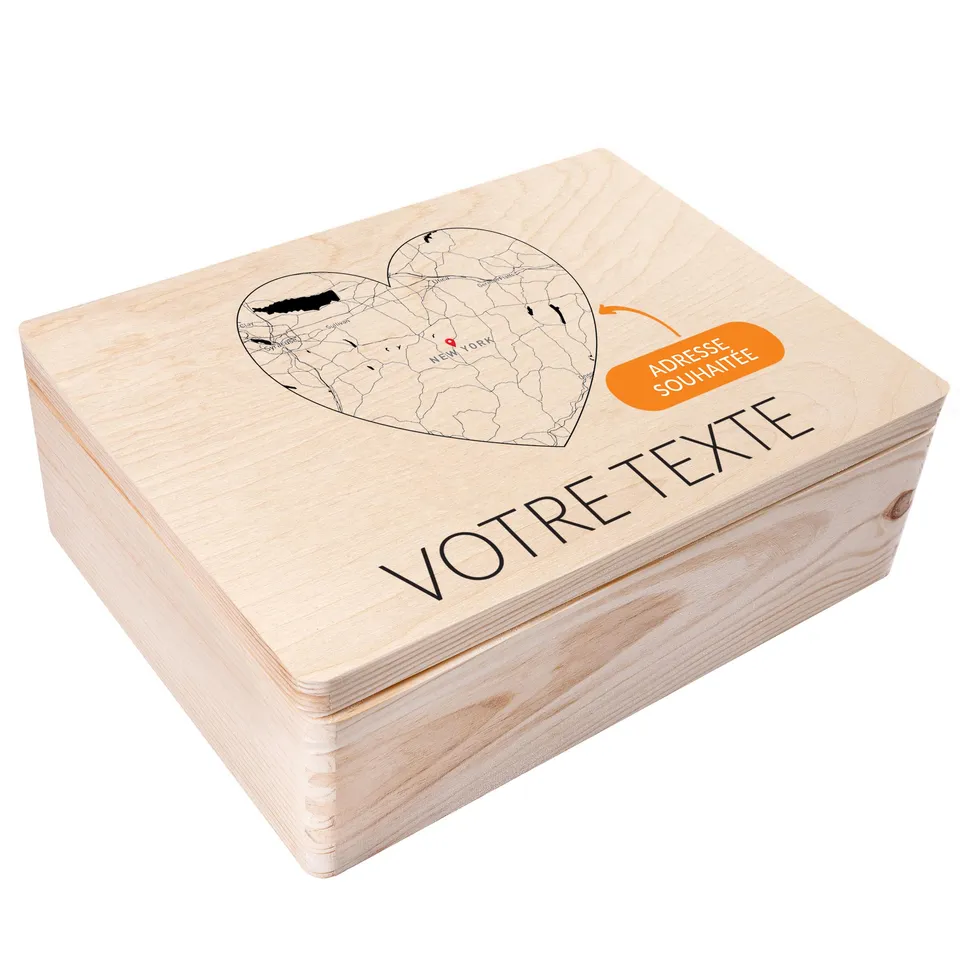 Creative Deco Coffre bois personnalisé Cœur 40x30 cm carte coordonnées