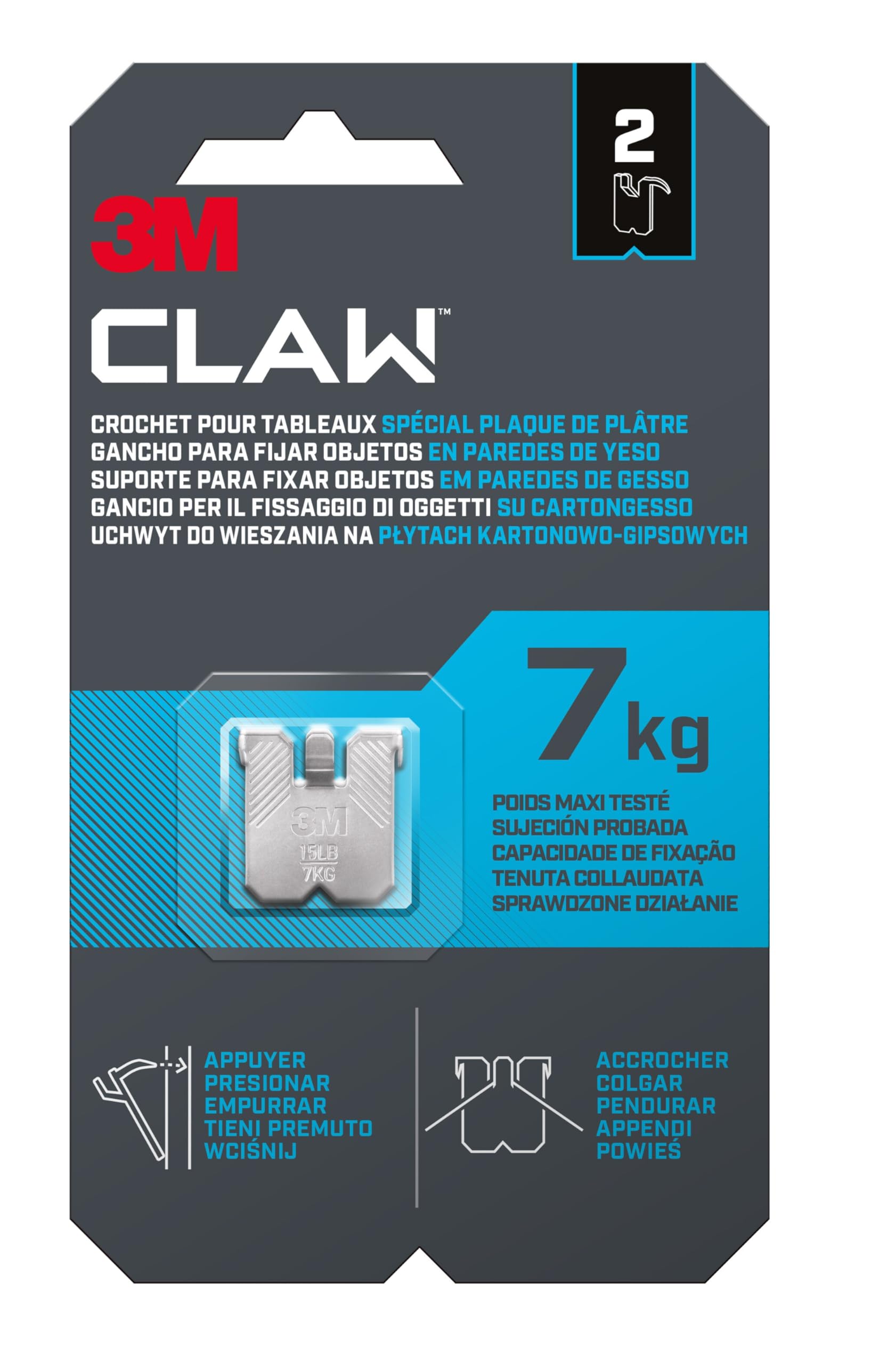 Command Crochet tableau placo 3M CLAW 7 kg lot 2 sans perçage