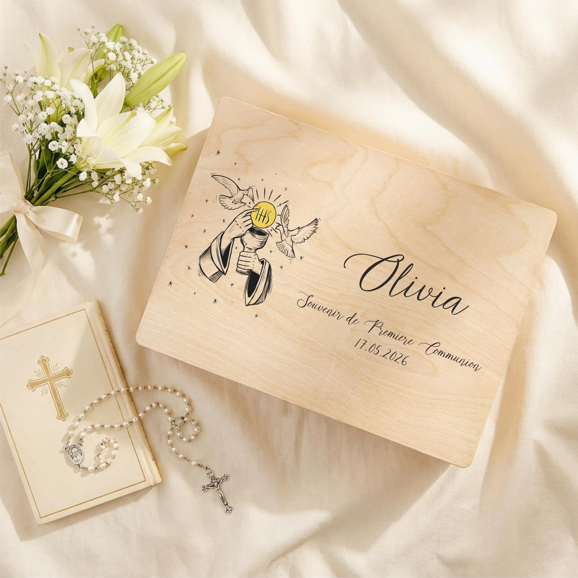 Creative Deco Boîte souvenirs communion Calice et Colombe 40x30x14 cm