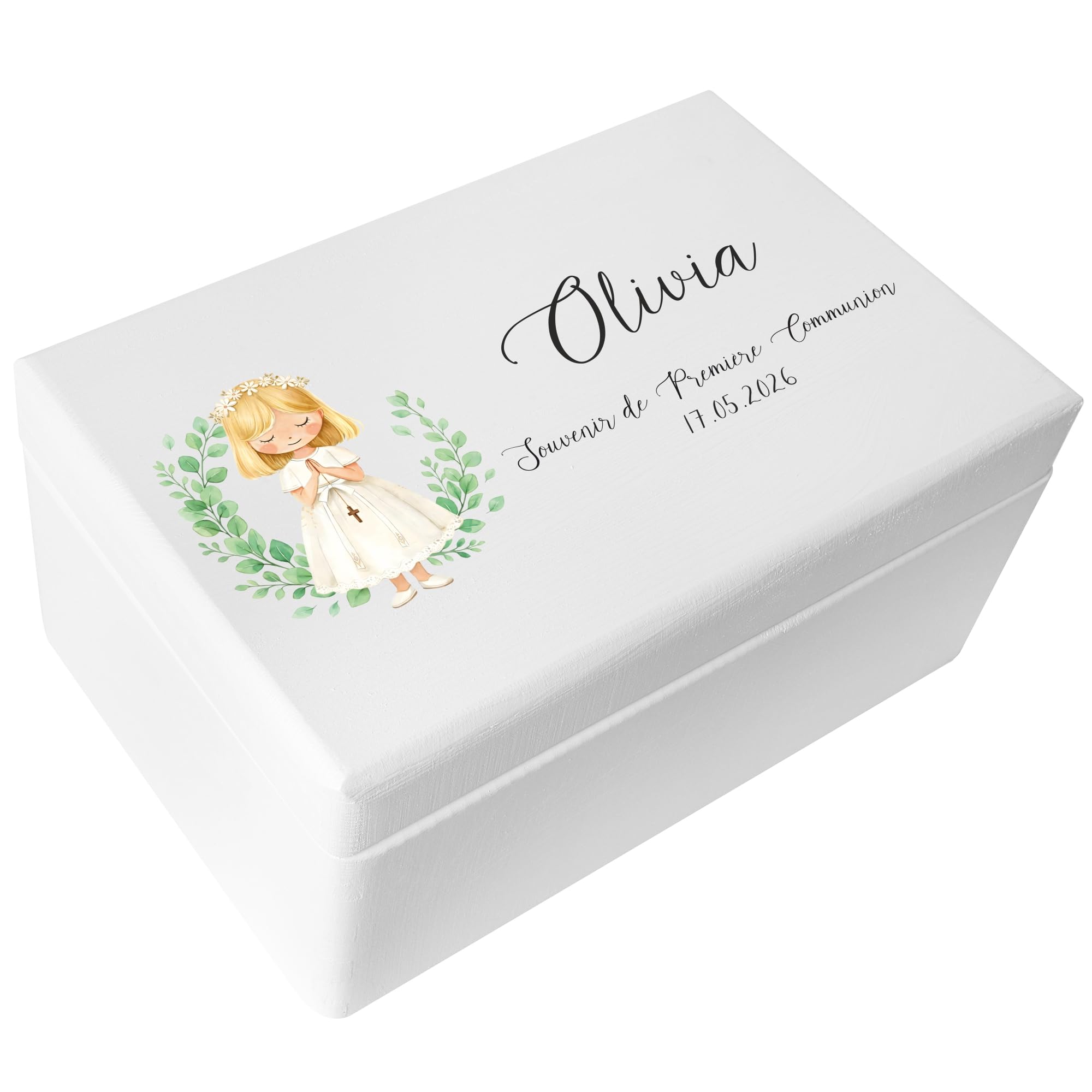 Creative Deco boîte souvenir bois blanc prière chapelet 30x20x14