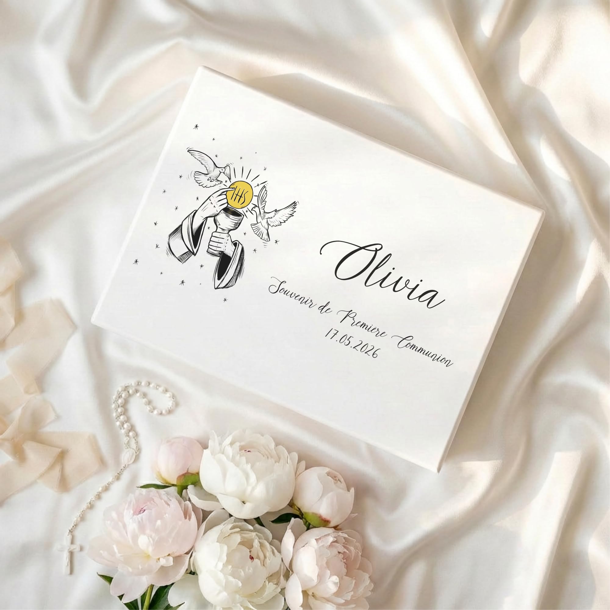 Creative Deco boîte en bois blanc communion 40x30x14 cm