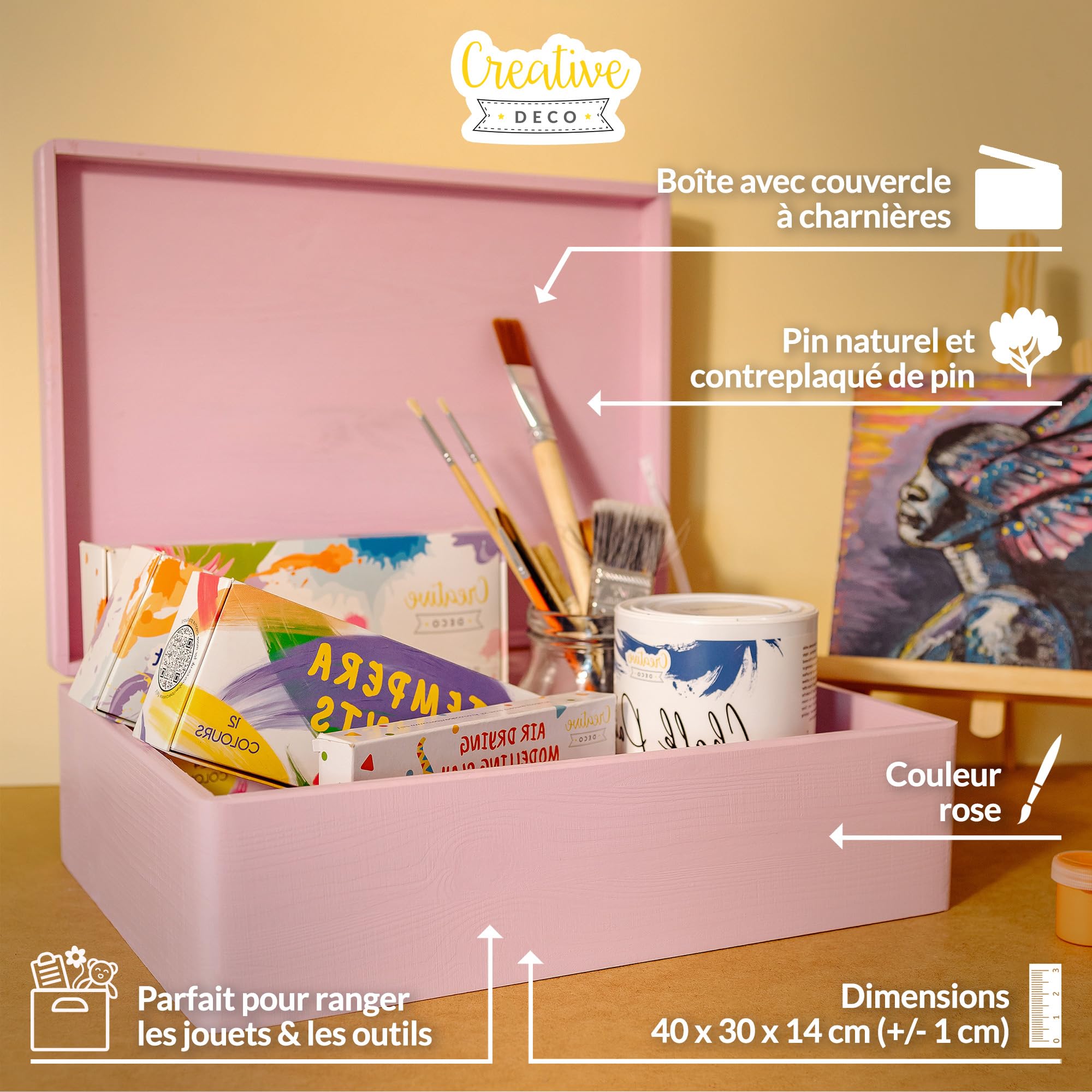 Creative Deco Wood boîte bois rose 40x30x14 cm avec couvercle brut