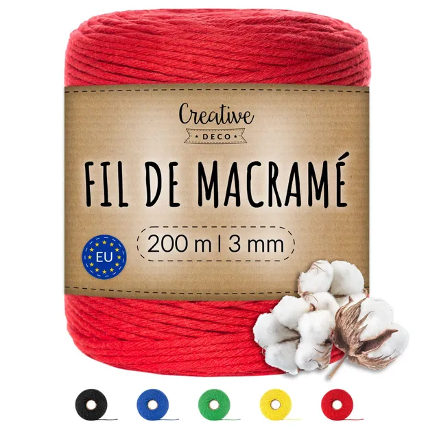 Creative Deco Corde macramé rouge 3 mm x 200 m coton