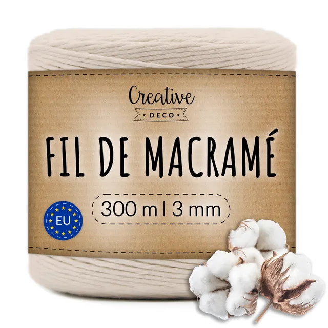 Creative Deco Corde macramé coton beige 3 mm x 300 m ficelle