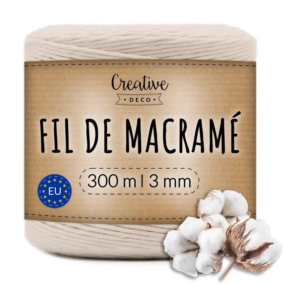 Creative Deco Corde macramé coton beige 3 mm x 300 m ficelle