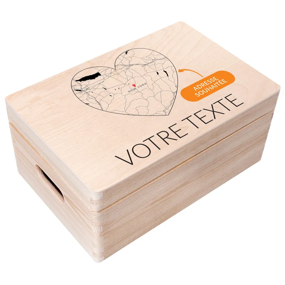 Creative Deco Boîte bois personnalisée Cœur 30x20 cm carte coordonnées