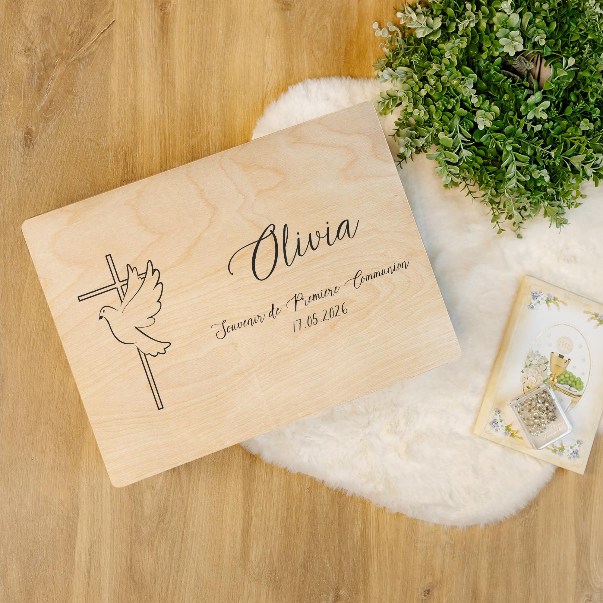 Creative Deco Croix Colombe boîte bois communion 40x30 cm