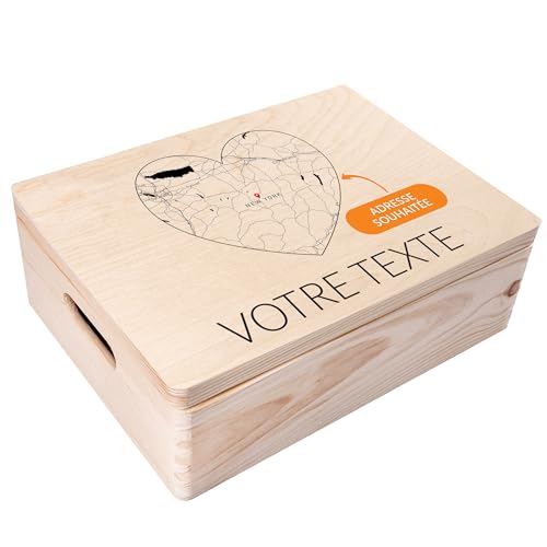 Creative Deco Boîte bois personnalisée Cœur 40x30 cm carte coordonnées
