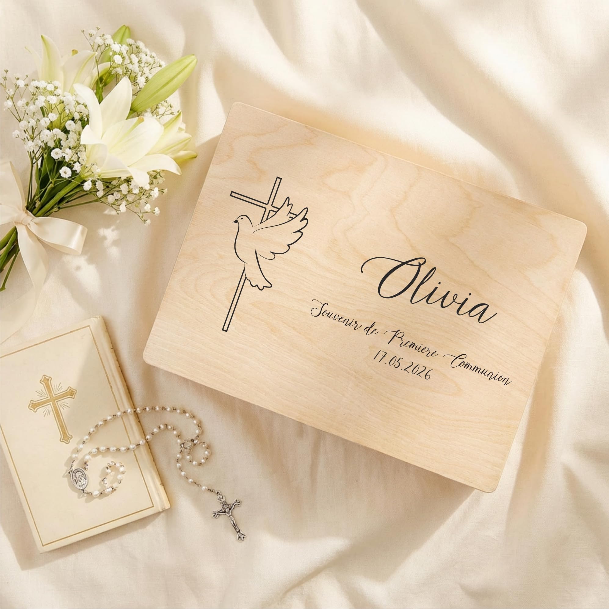 Creative Deco Croix Colombe boîte bois communion 40x30 cm