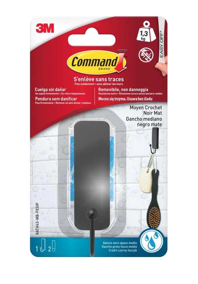 Command Crochet salle de bain noir mat 1,3 kg sans perçage