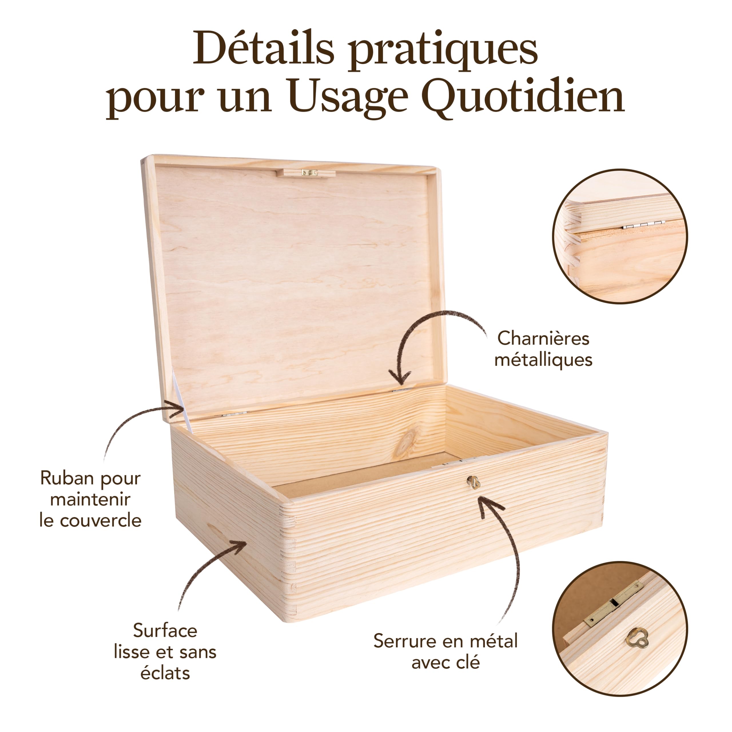 Creative Deco Boîte rangement bois 40x30x14 cm clé brut