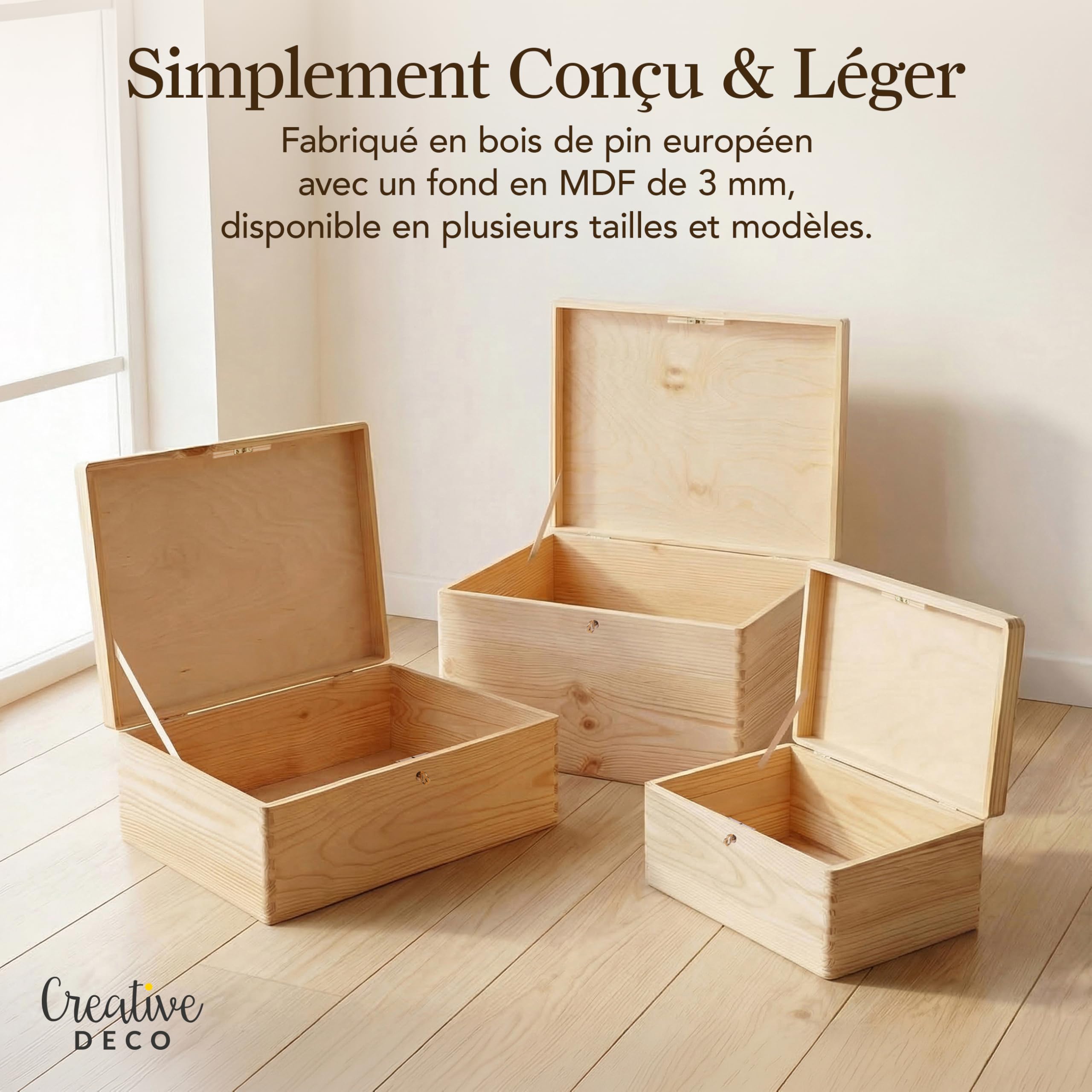 Creative Deco Boîte rangement bois 40x30x14 cm clé brut