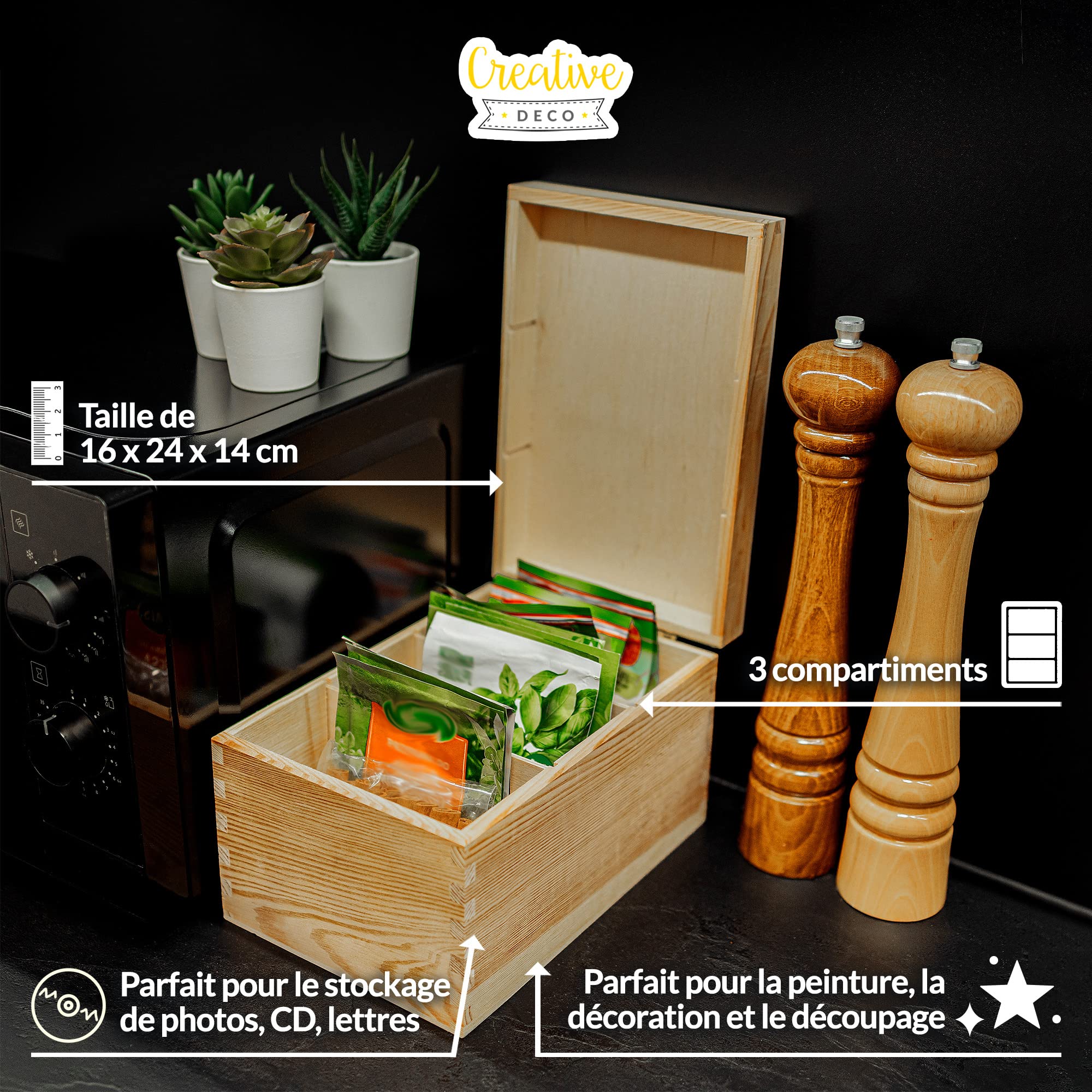 Creative Deco Boîte Bois CD DVD 16x24 cm 3 Compartiments Brute