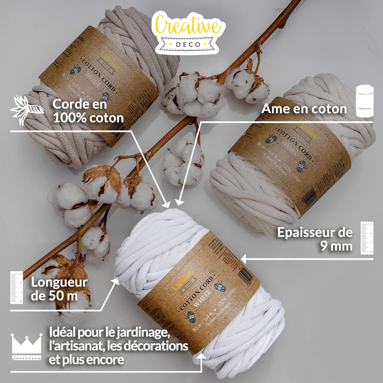 Creative Deco Corde Macramé Coton Blanche 9mm 50m