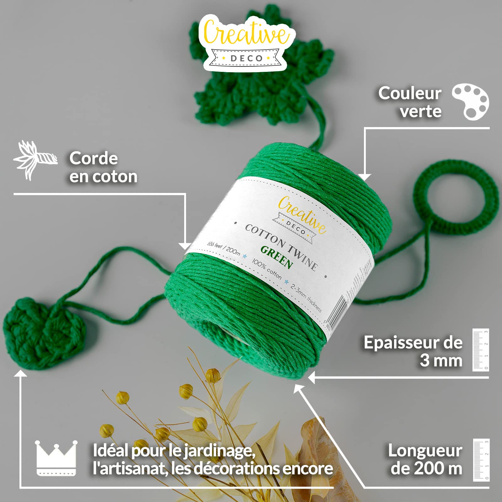 Creative Deco Strings Corde macramé verte 3mm 200m coton