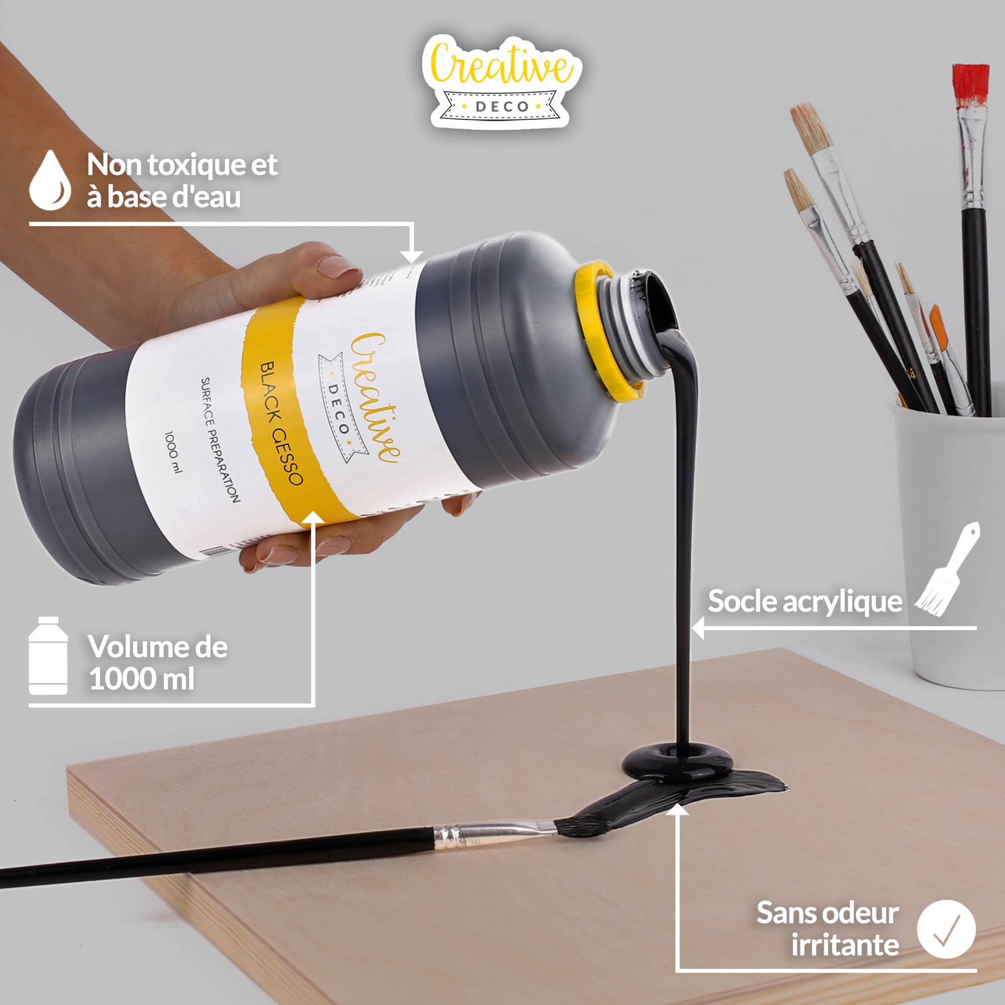 Creative Deco Gesso acrylique noir 1 L sous-couche apprêt toile