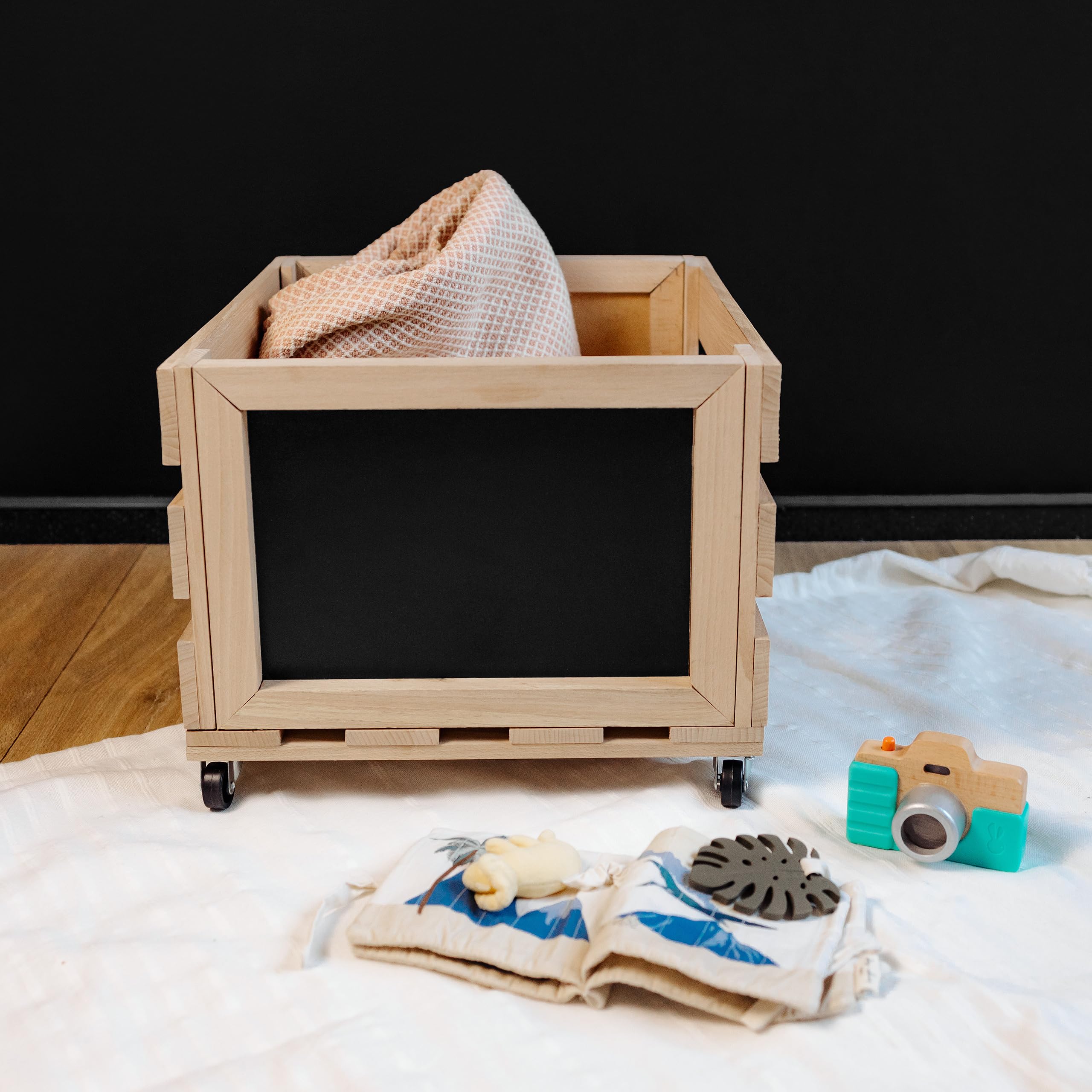 Creative Deco Caisse Bois Vinyles 46x36x29 cm hêtre roulettes
