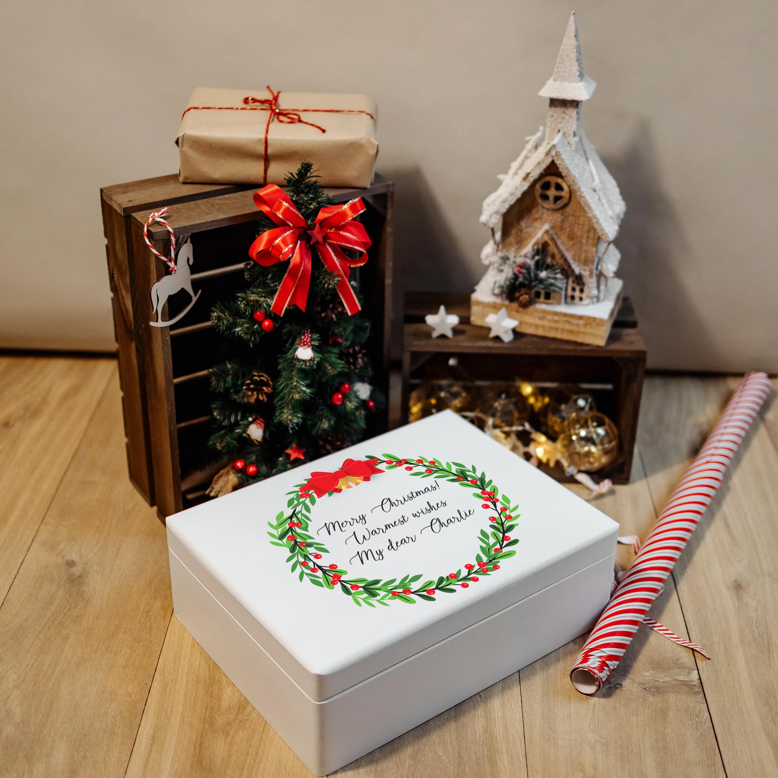 Creative Deco Boîte Noël bois texte blanc 40x30x14 cm