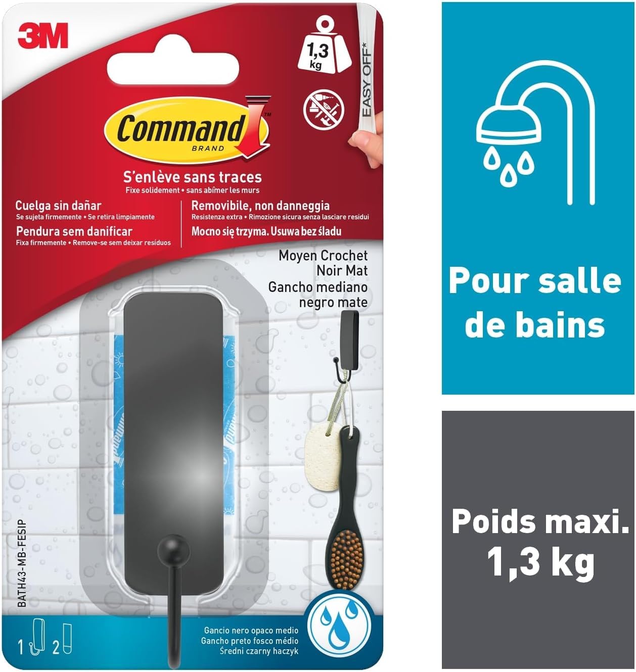 Command Crochet salle de bain noir mat 1,3 kg sans perçage