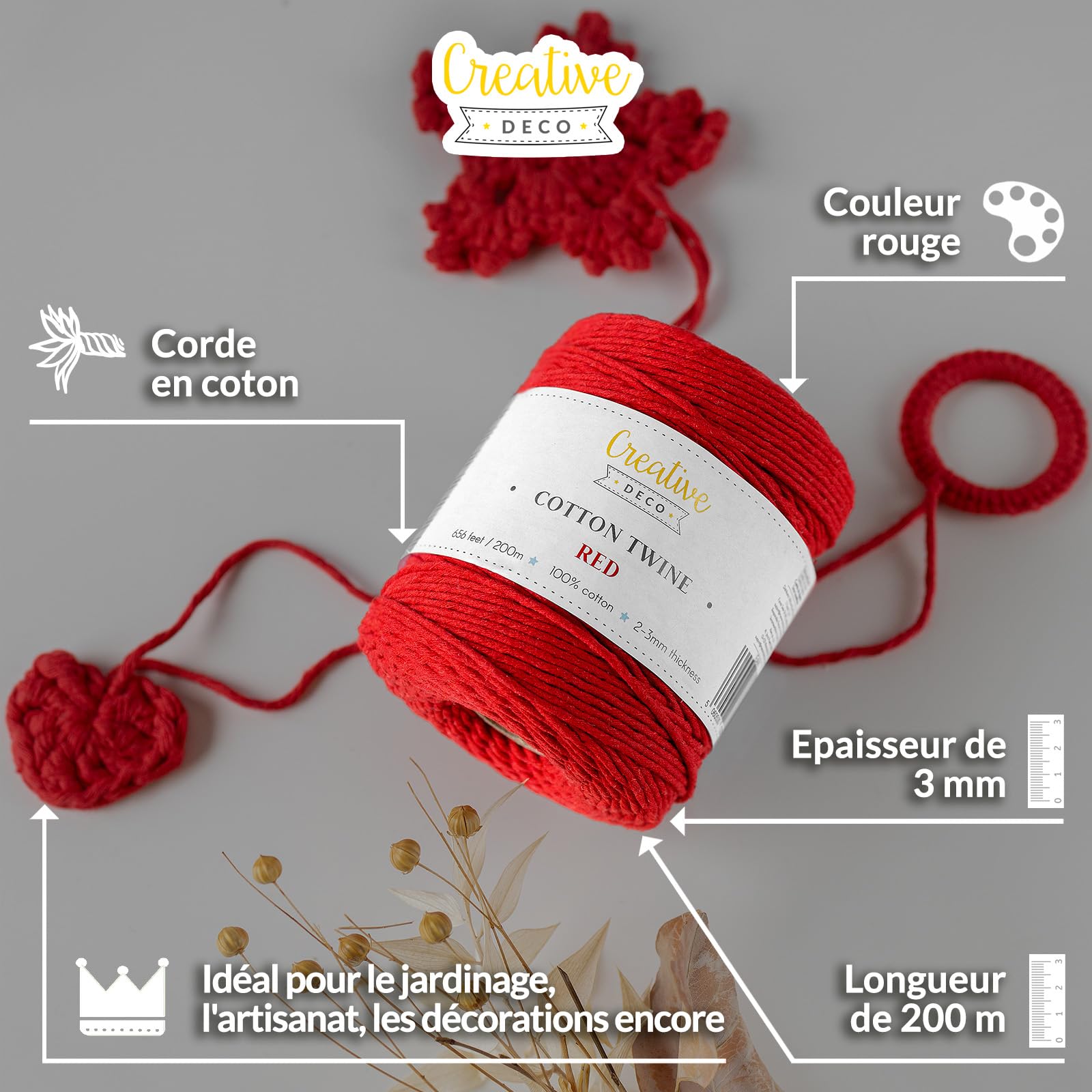 Creative Deco Corde macramé rouge 3 mm x 200 m coton