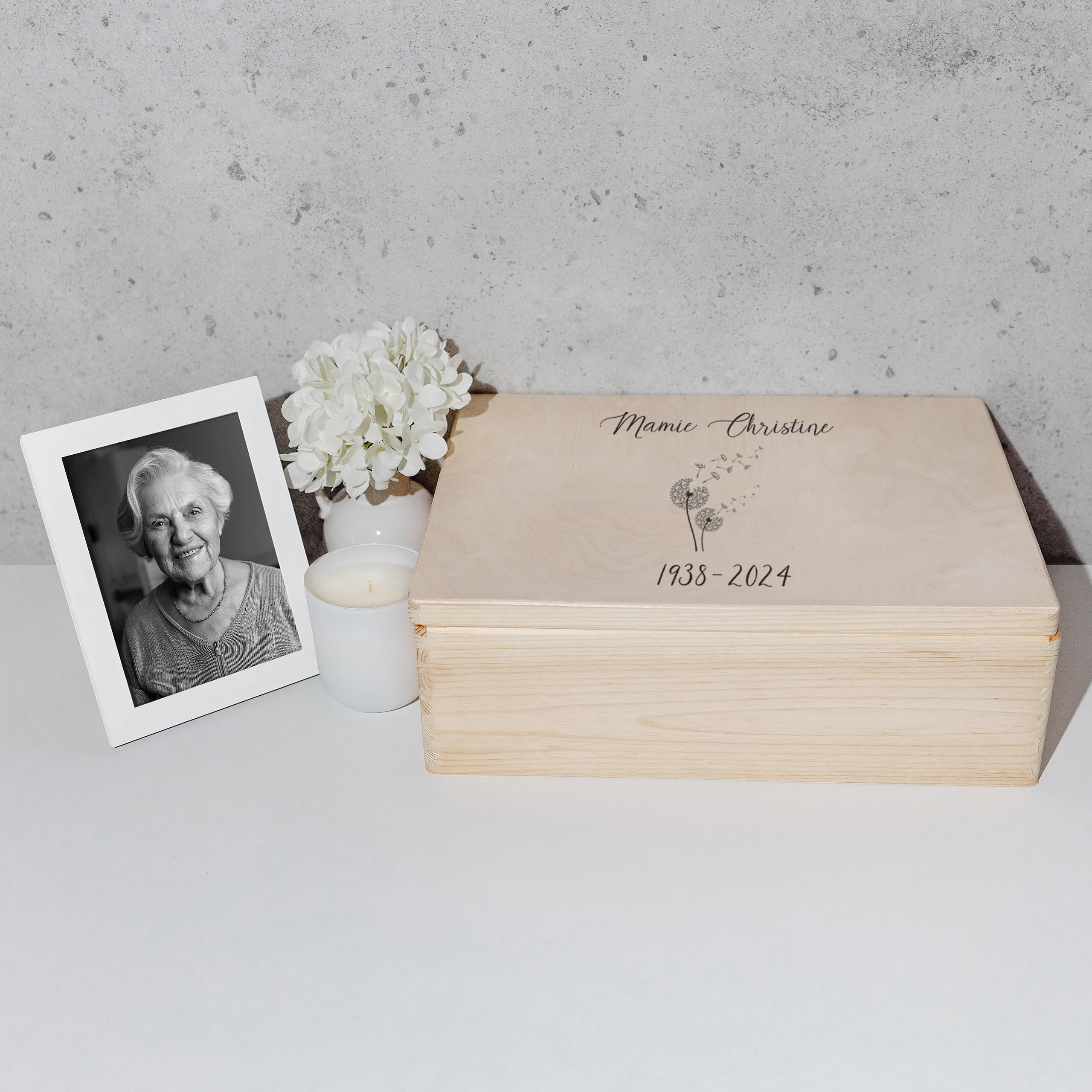 Creative Deco Boîte en bois deuil pissenlit 40x30x14 dates