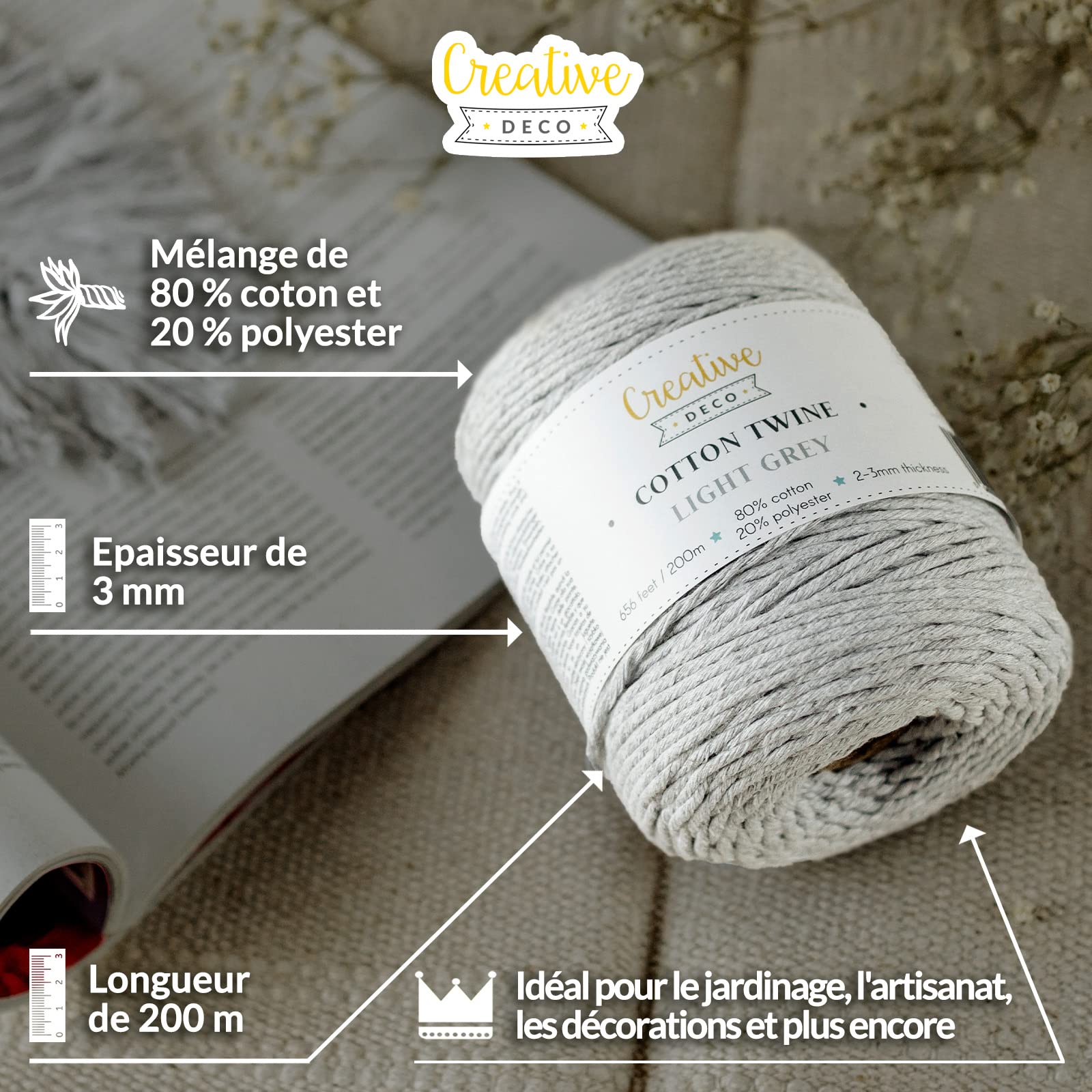 Creative Deco Strings corde macramé 3mm x 200m gris clair coton