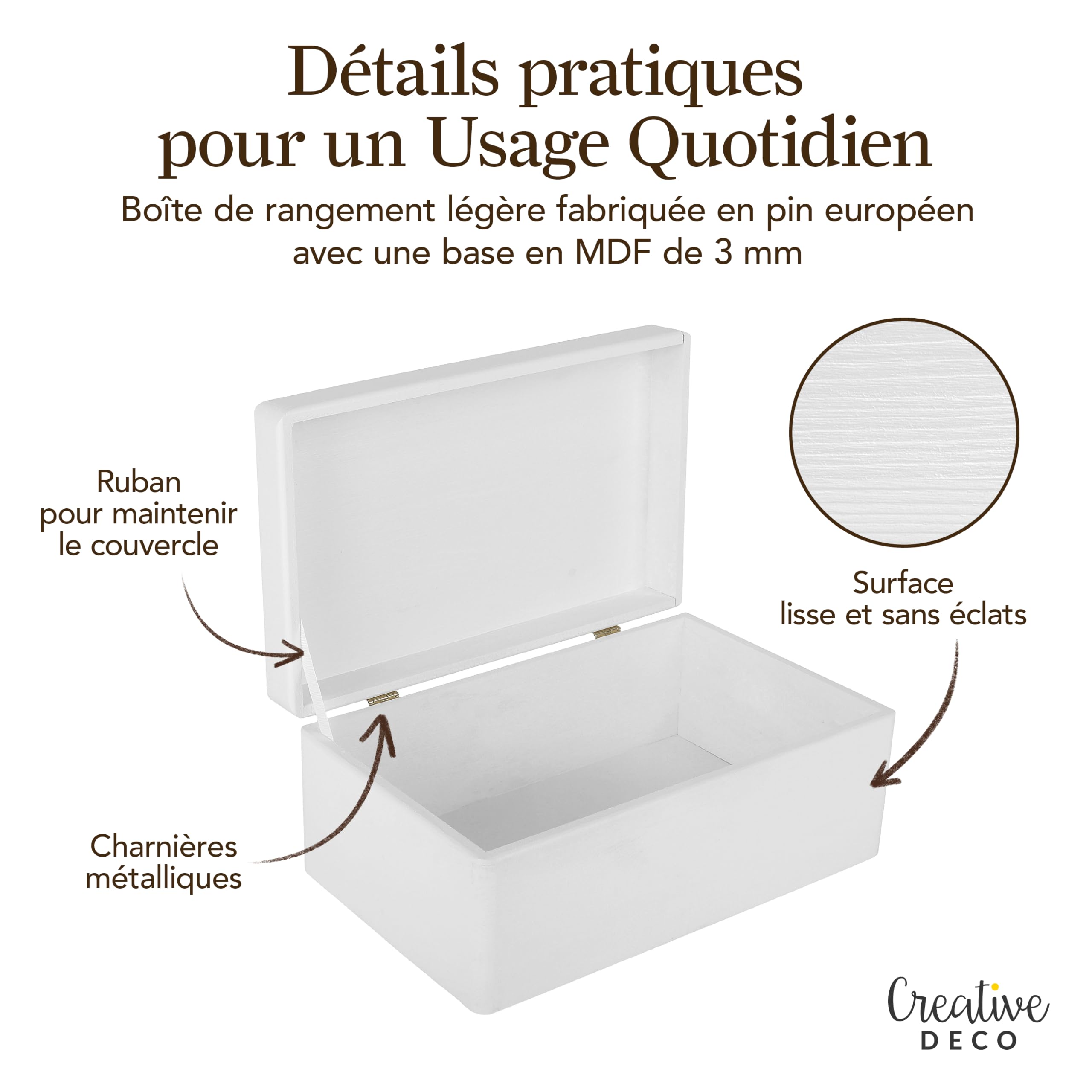 Creative Deco Boîte en bois blanc 30 cm avec couvercle