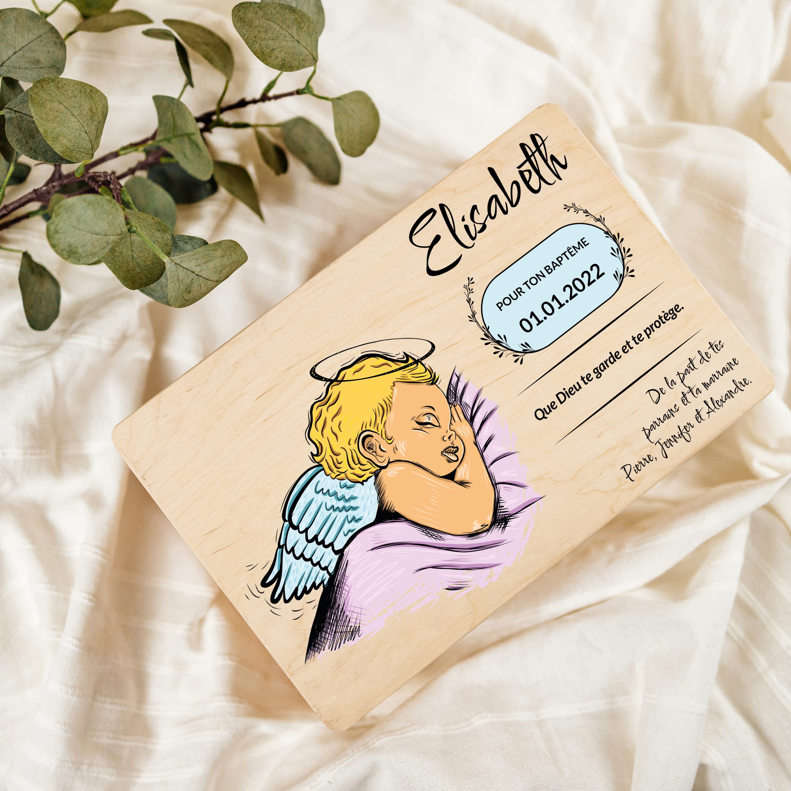 Creative Deco Boîte Bois Baptême Ange Personnalisée 30x20 cm