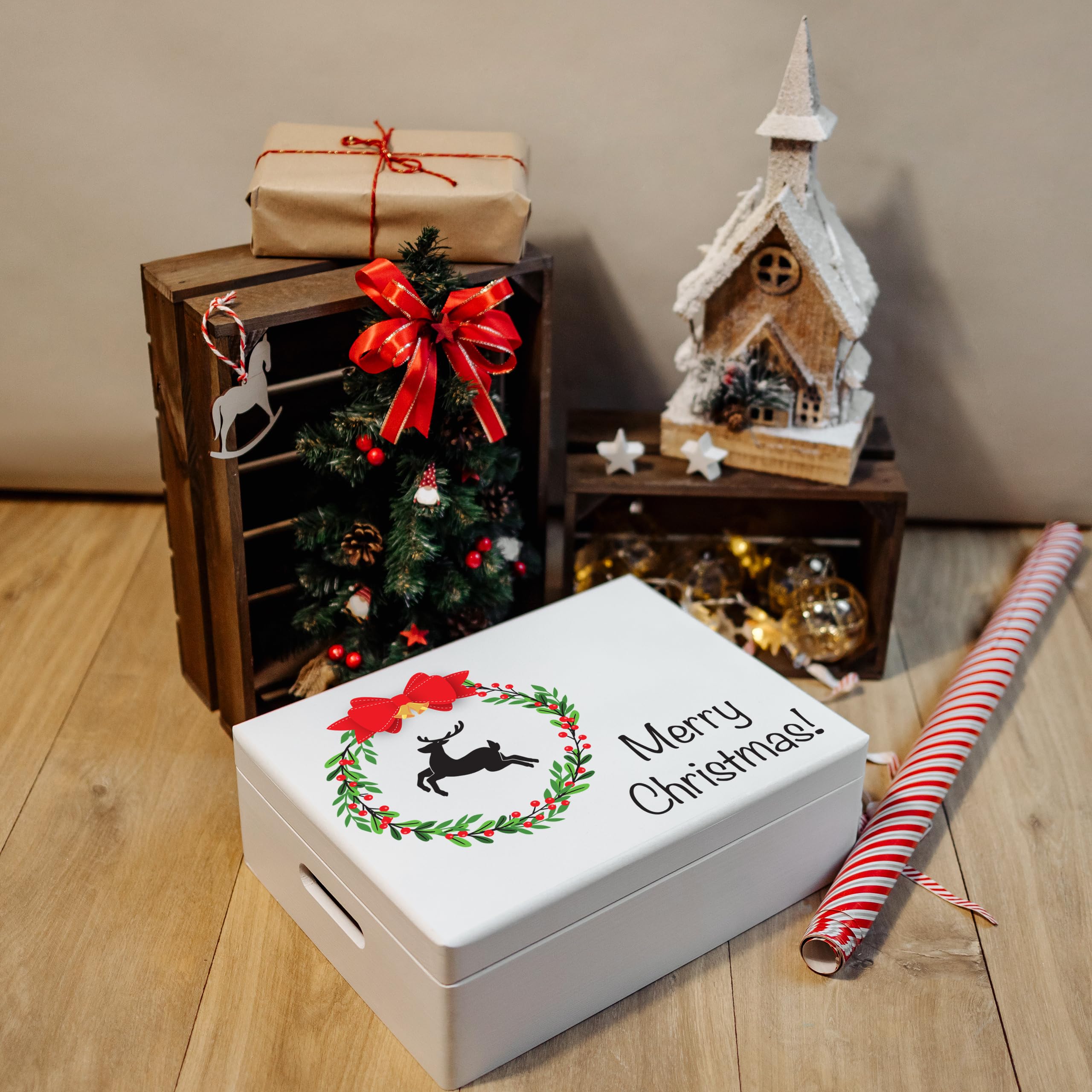 Creative Deco Boîte Noël bois cerf couronne 40x30x14 cm