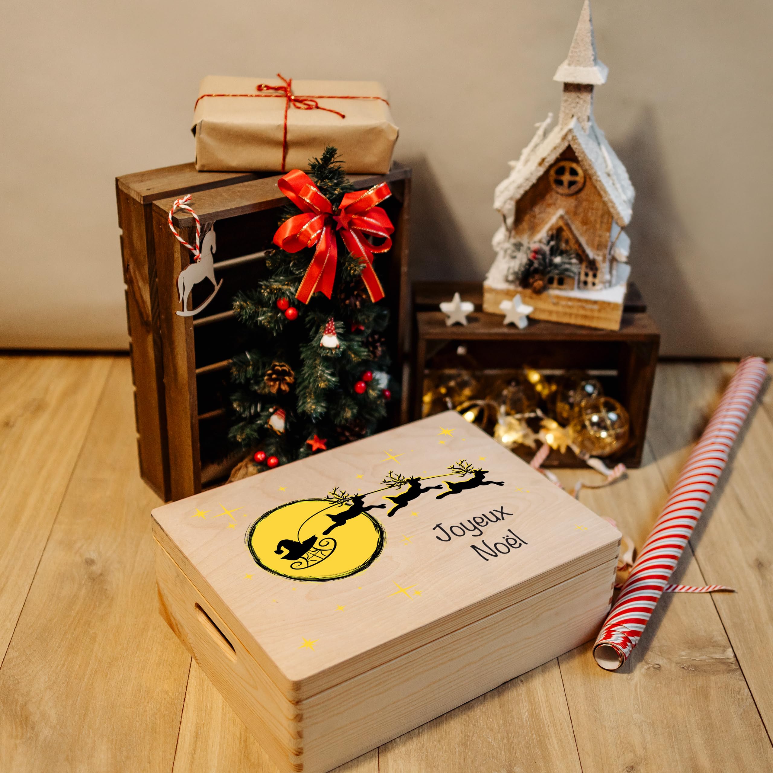Creative Deco Boîte Bois Noël Traîneau 40x30 cm