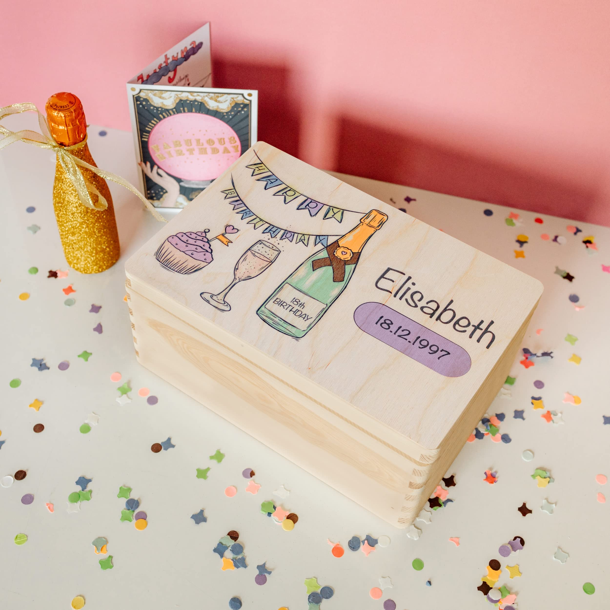 Creative Deco Boîte Bois Anniversaire Bouteille 30x20 cm Gravée