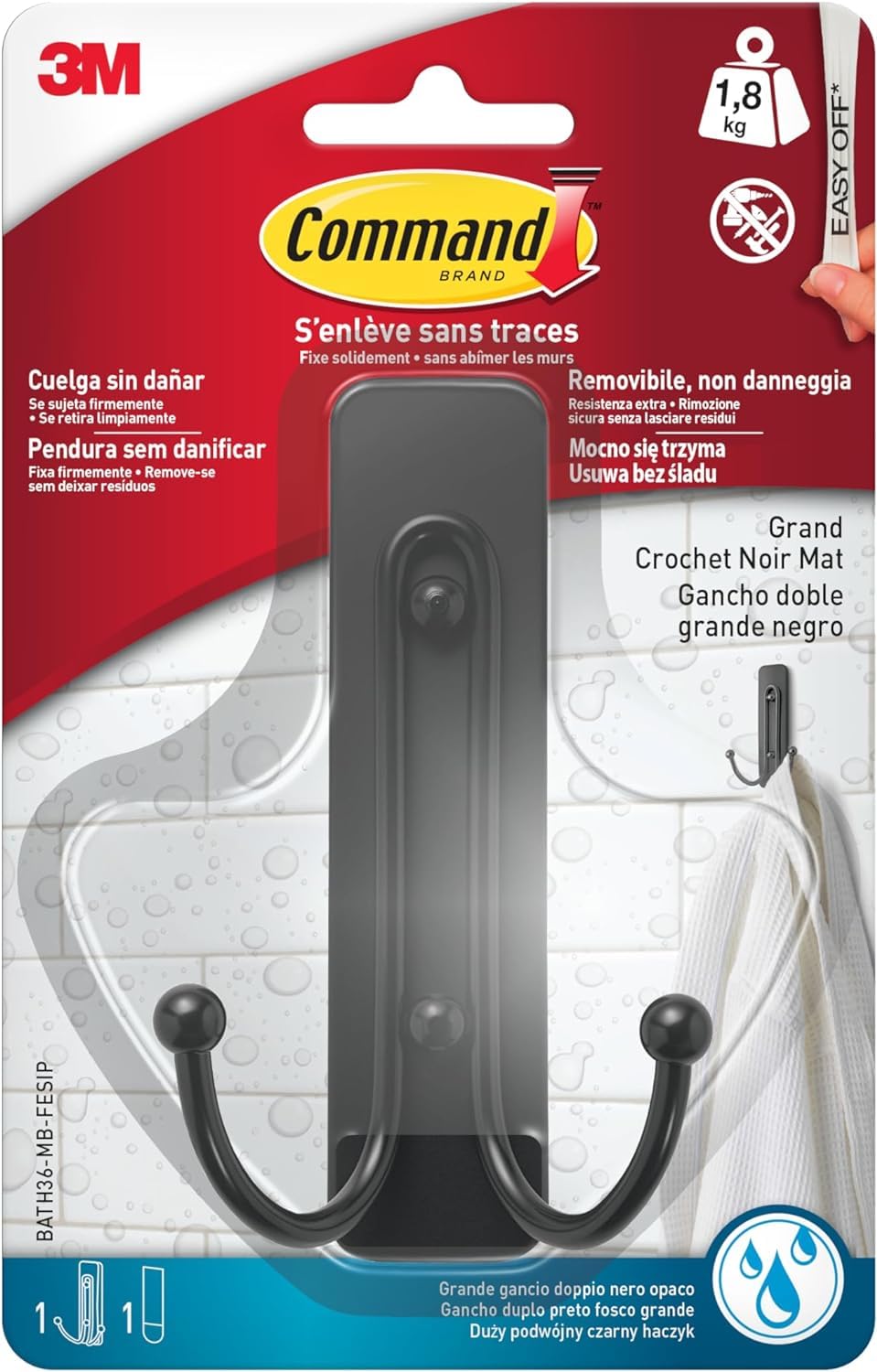 Command Salle de Bain Crochet Adhésif Noir Mat Large 1,8 kg